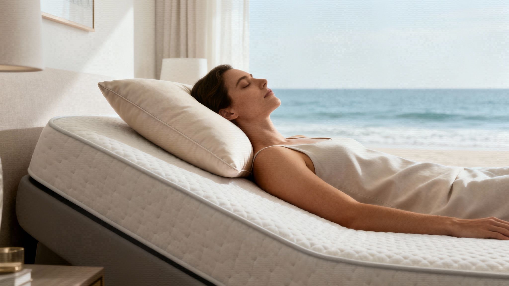 A woman peacefully sleeping on a luxurious adjustable bed with a beautiful ocean view.