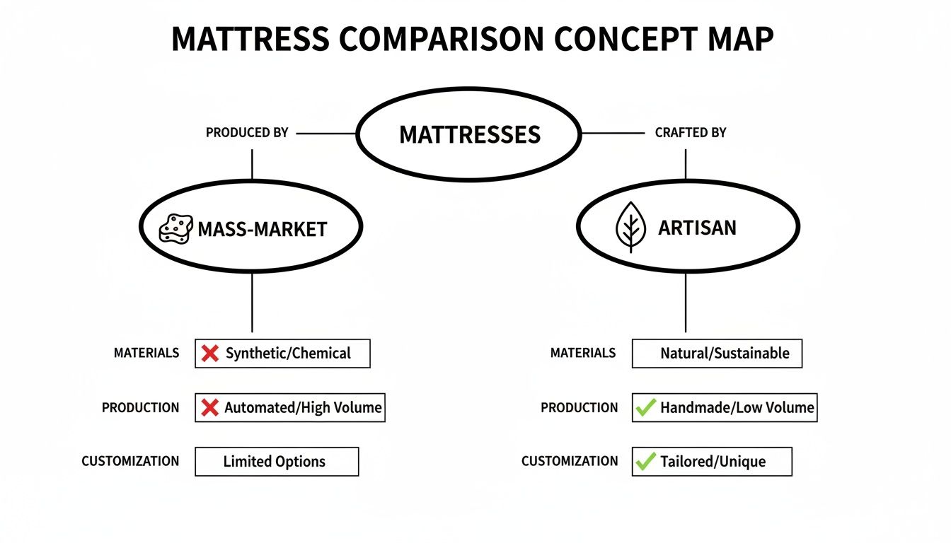 Concept map comparing mass-market and artisan mattresses based on materials, production, and customization attributes.