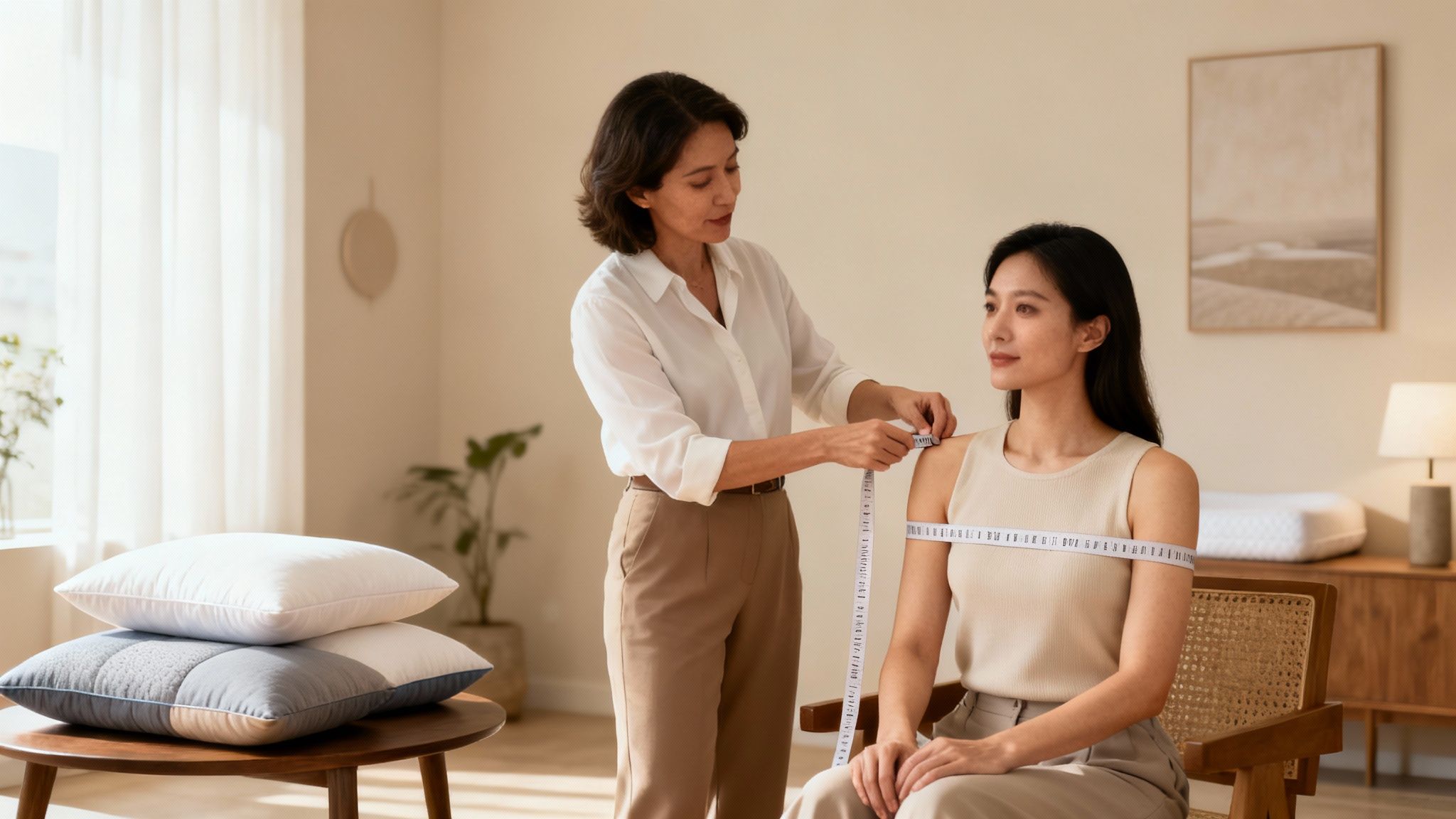 Two women in a bright room, one measuring the other's shoulder and chest with a tape, near pillows.