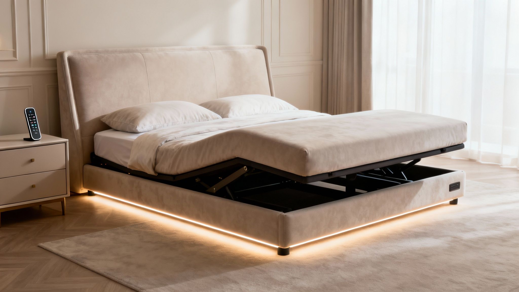Modern adjustable beige bed with storage, illuminated base, and remote control on a nightstand.