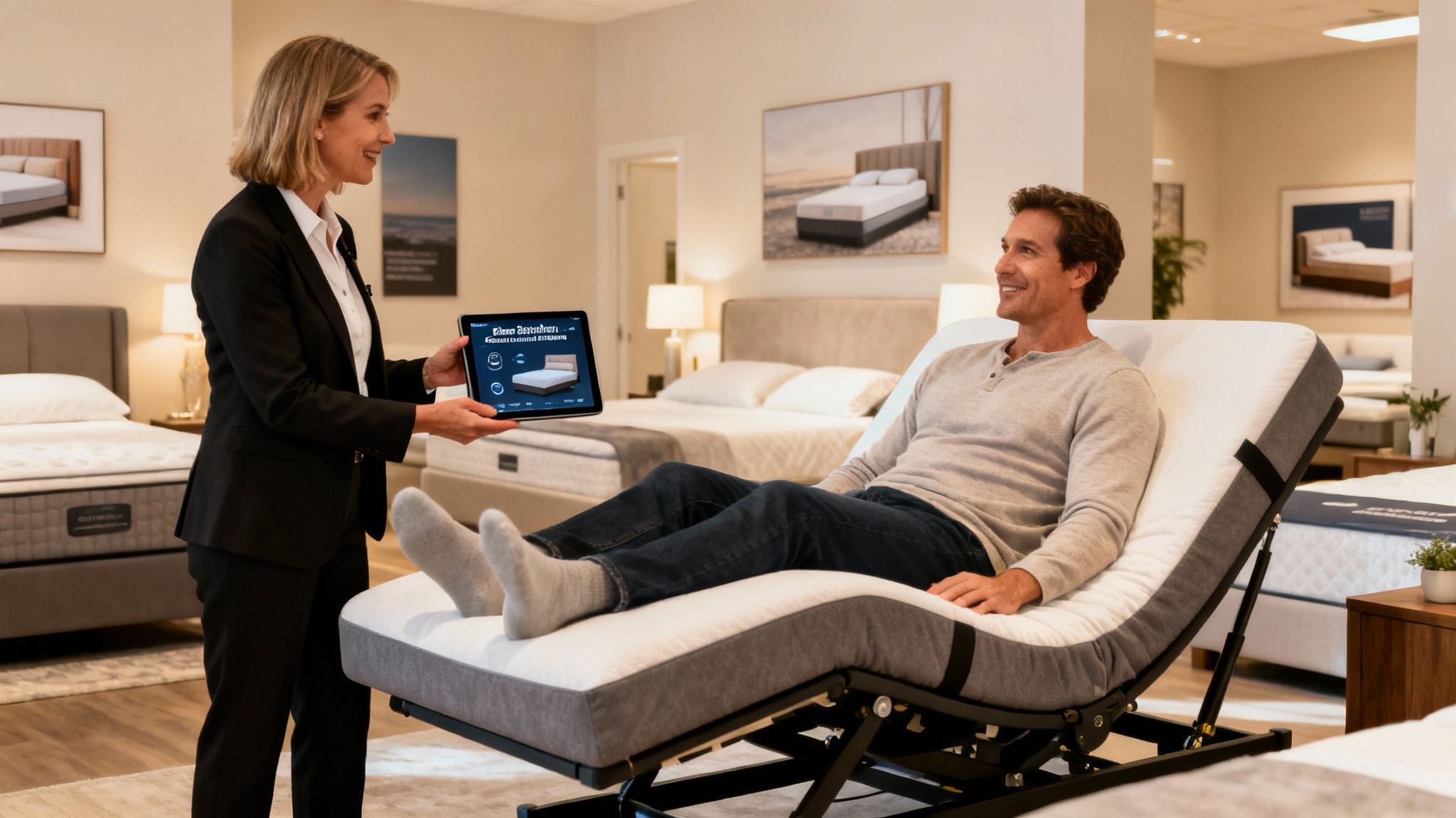 A saleswoman shows a man how to control an adjustable bed's zero gravity recline on a tablet.