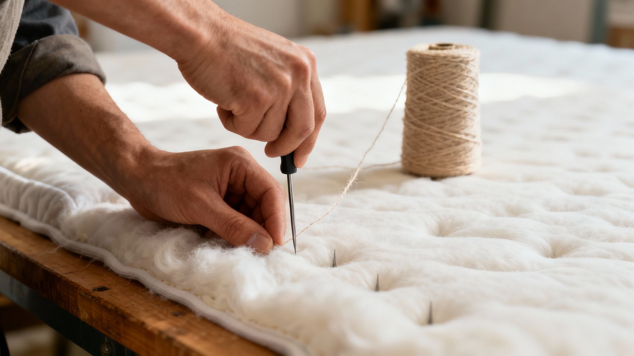 Artisan hands tufting natural wool batting on custom comfort mattress using needle and twine