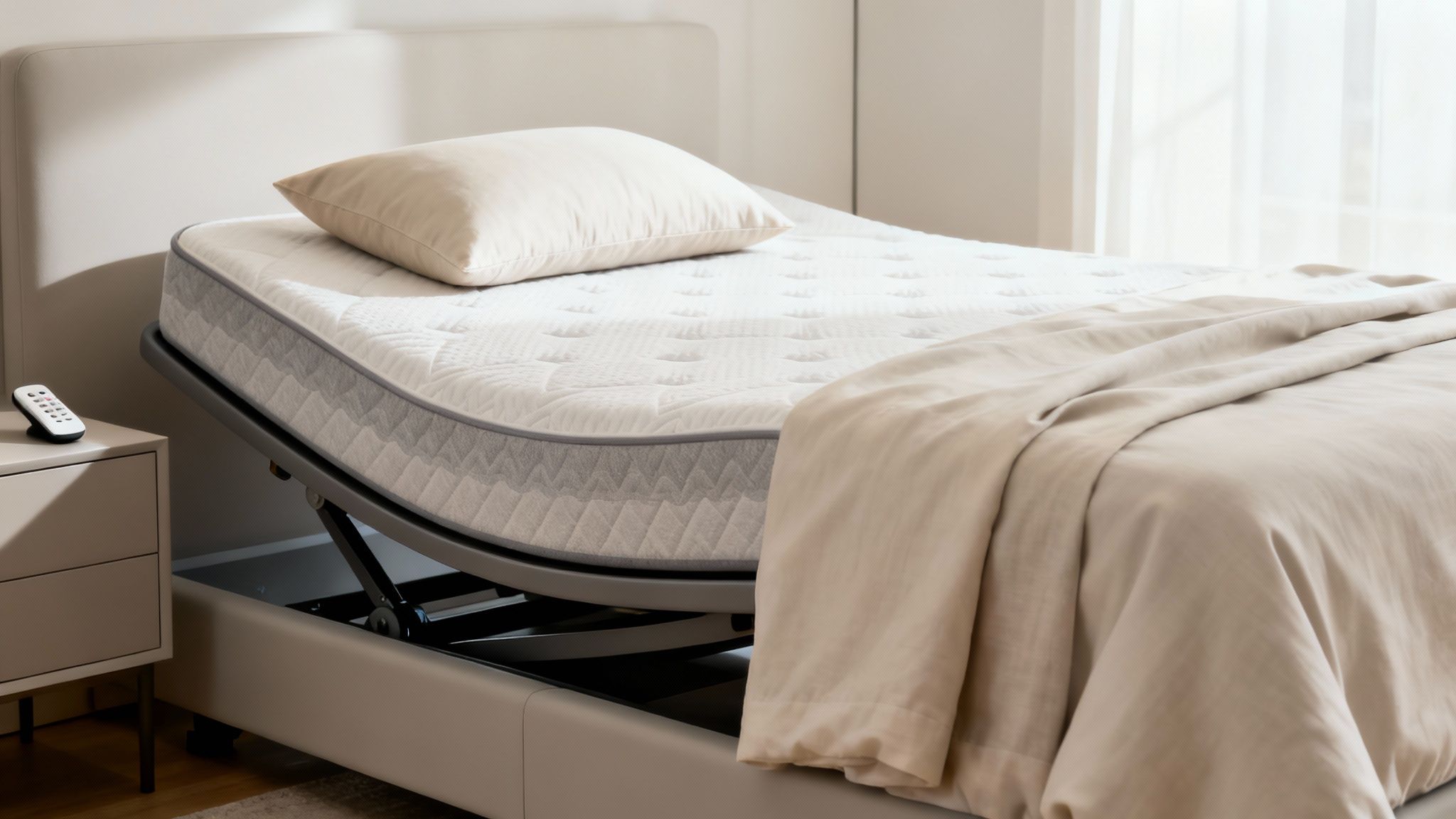 A modern adjustable bed with a white mattress, cream pillow, and a remote control on a nightstand.