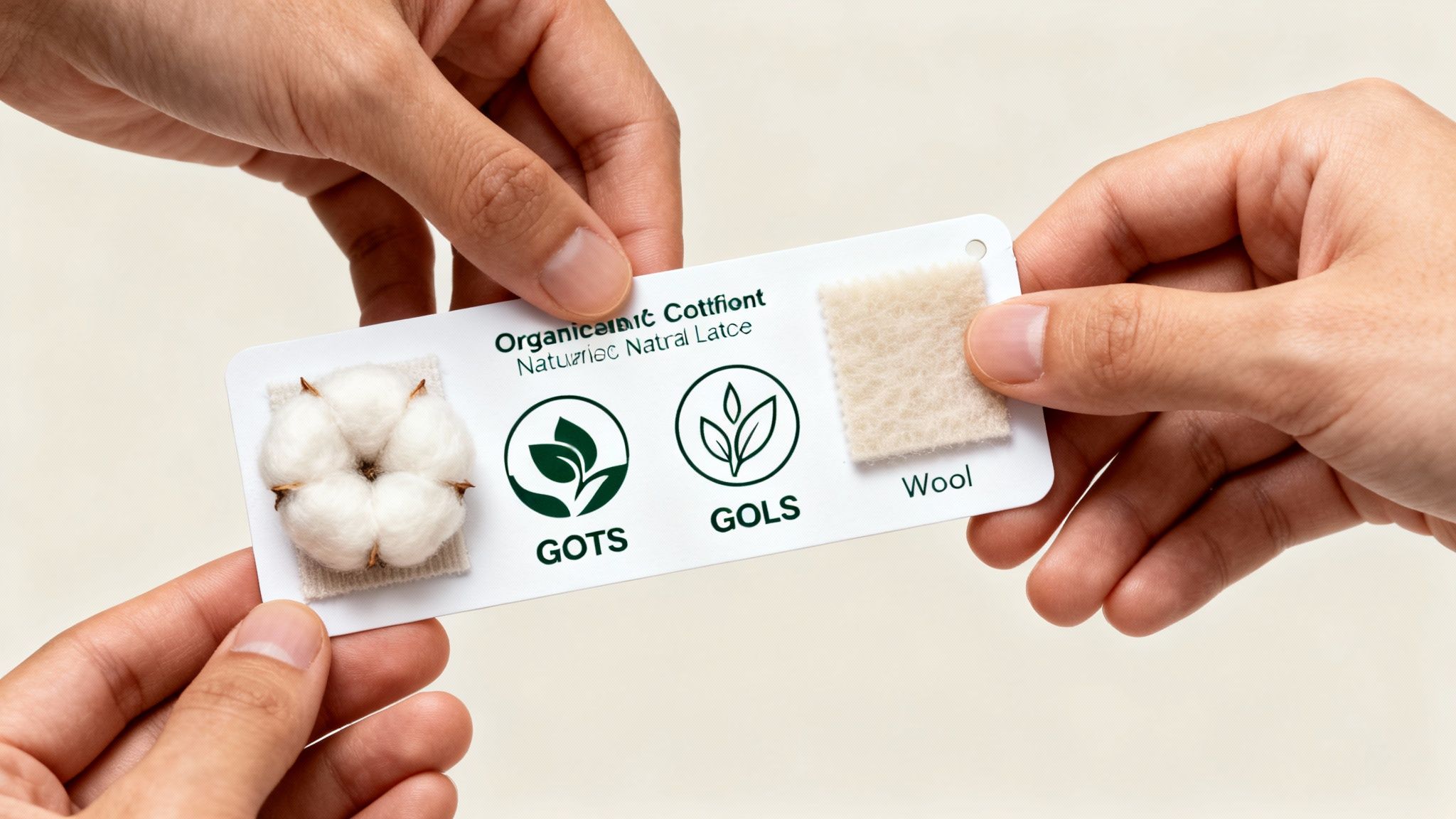 Two hands hold a sample card displaying organic cotton, GOTS, GOLS logos, and wool swatches.