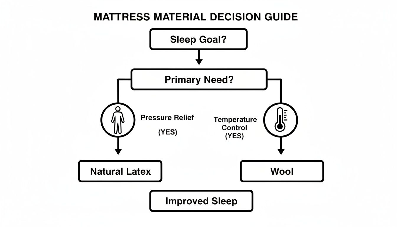 Flowchart guiding mattress material selection for improved sleep, recommending natural latex for pressure relief or wool for temperature control.