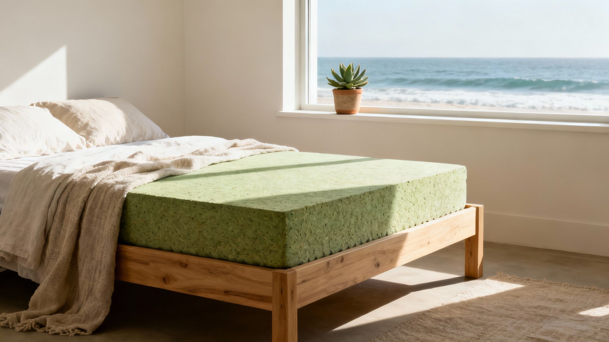 Green Avocado mattress on wooden bed frame in minimalist bedroom with ocean view window