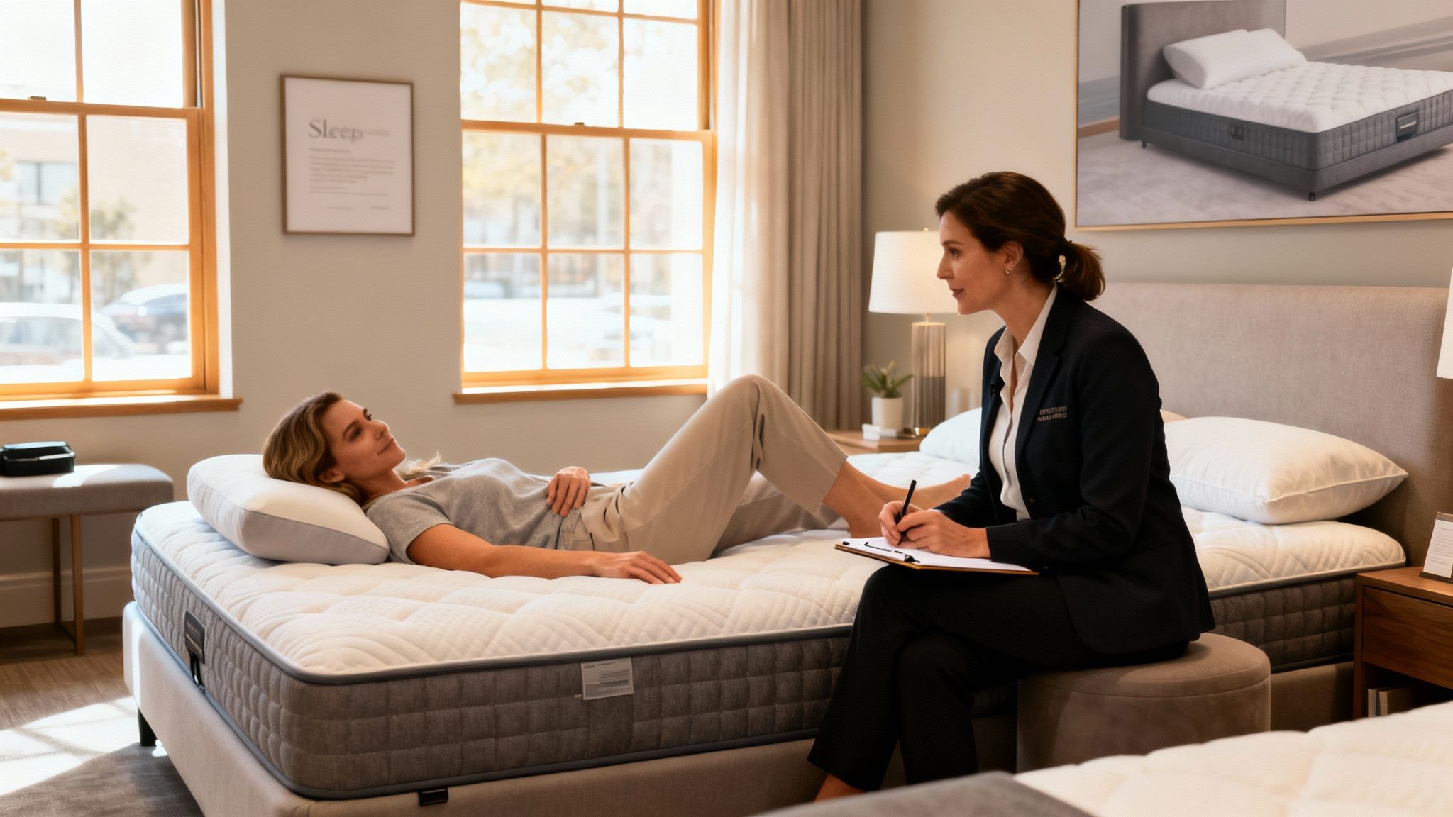 A customer lies on a luxury mattress while a sales associate writes notes, suggesting a personalized fitting.