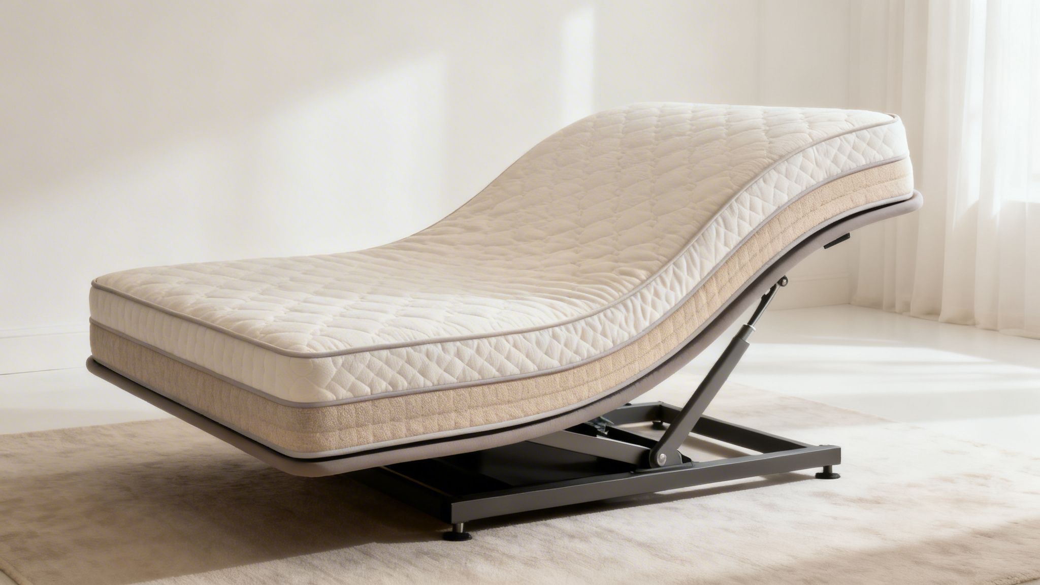 Adjustable bed with quilted beige mattress in a relaxed, zero-gravity position on a light rug.