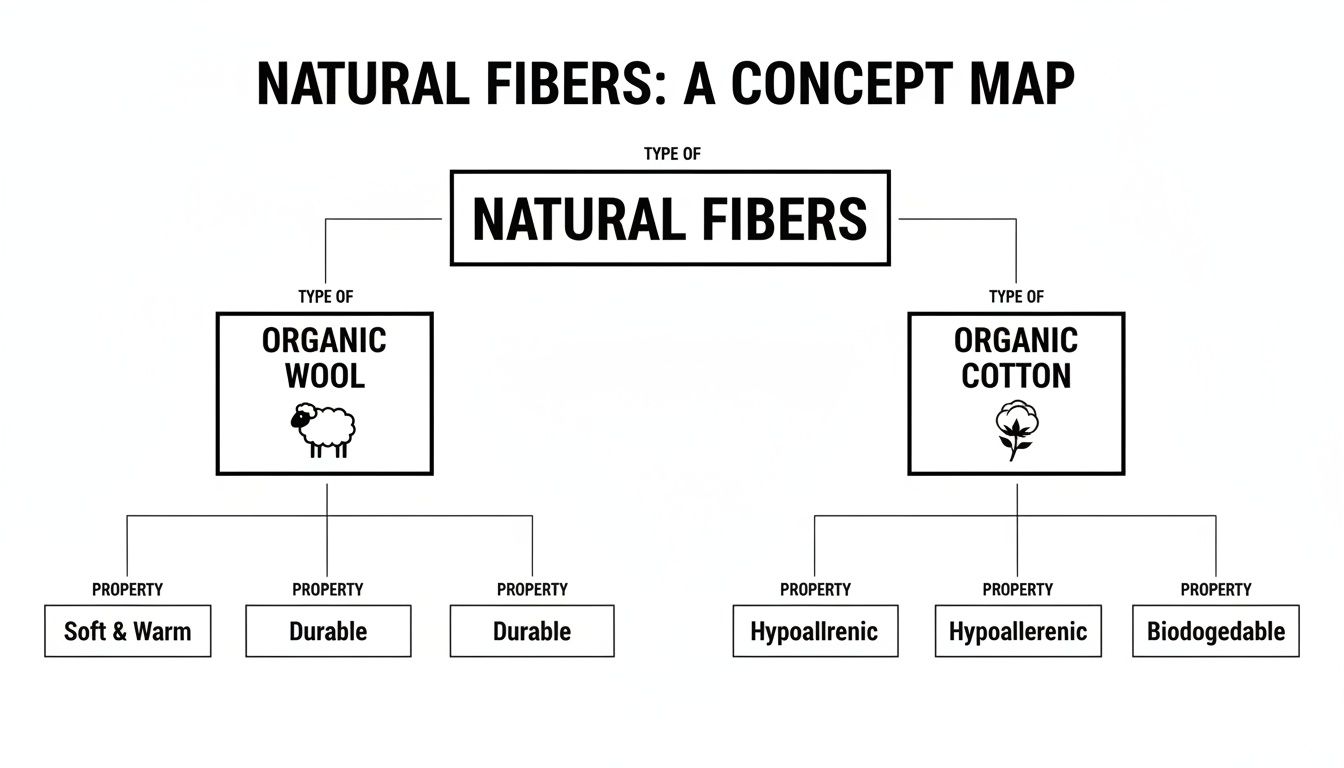 A concept map illustrating natural fibers, categorizing them into organic wool and organic cotton, highlighting their key properties.