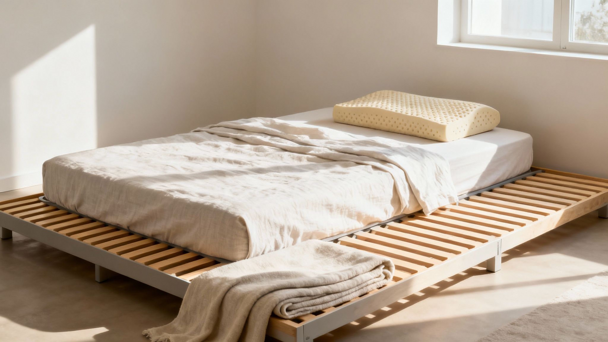 A neatly made bed with natural fiber sheets and breathable pillows, highlighting a complete sleep system.
