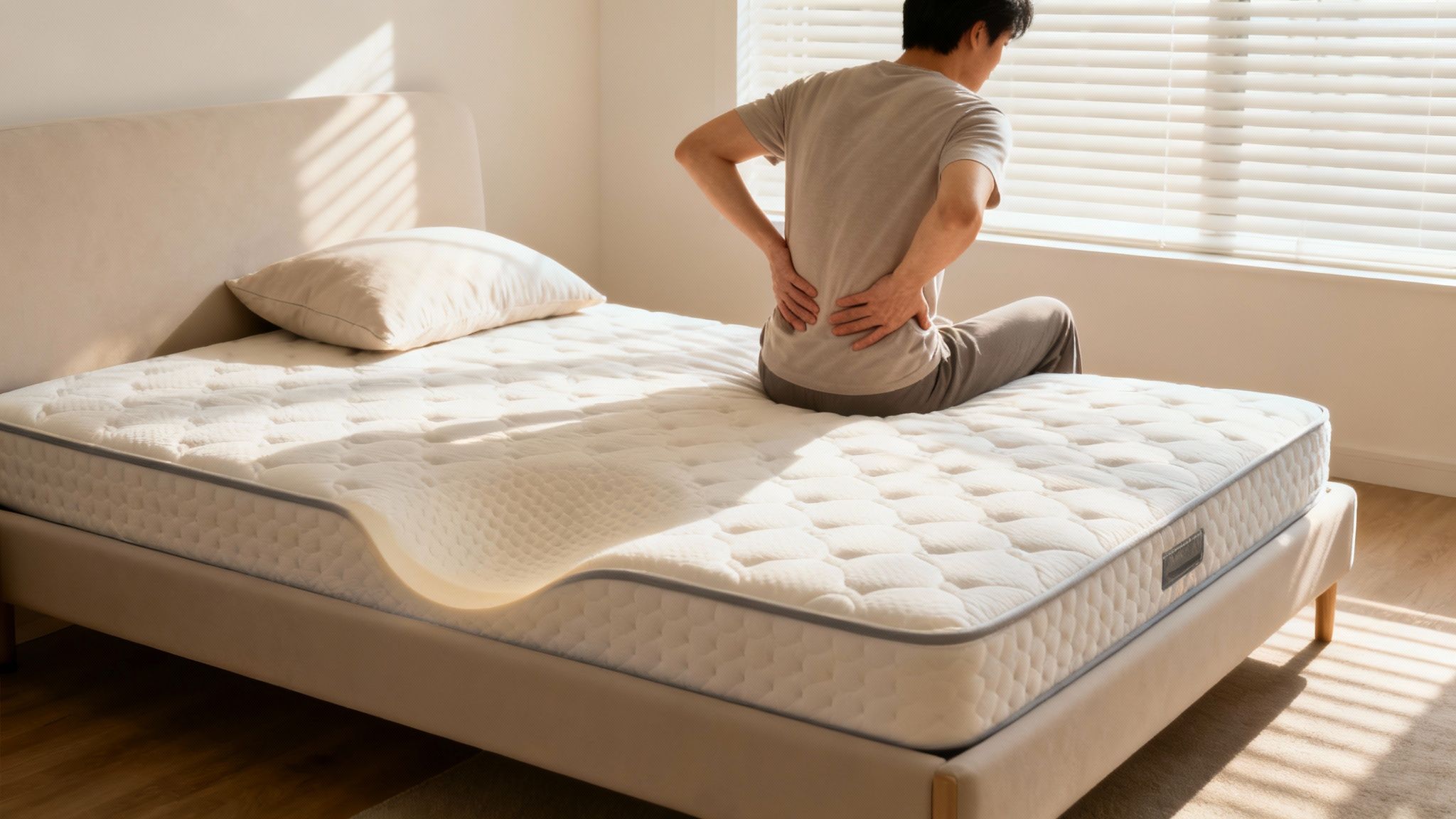 A man sits on a new mattress, clutching his lower back in discomfort, suggesting back pain from an old bed.