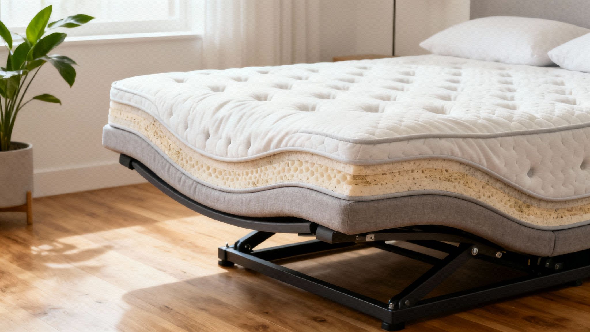 A cutaway view of a comfortable mattress showing its layered construction on an adjustable bed base.