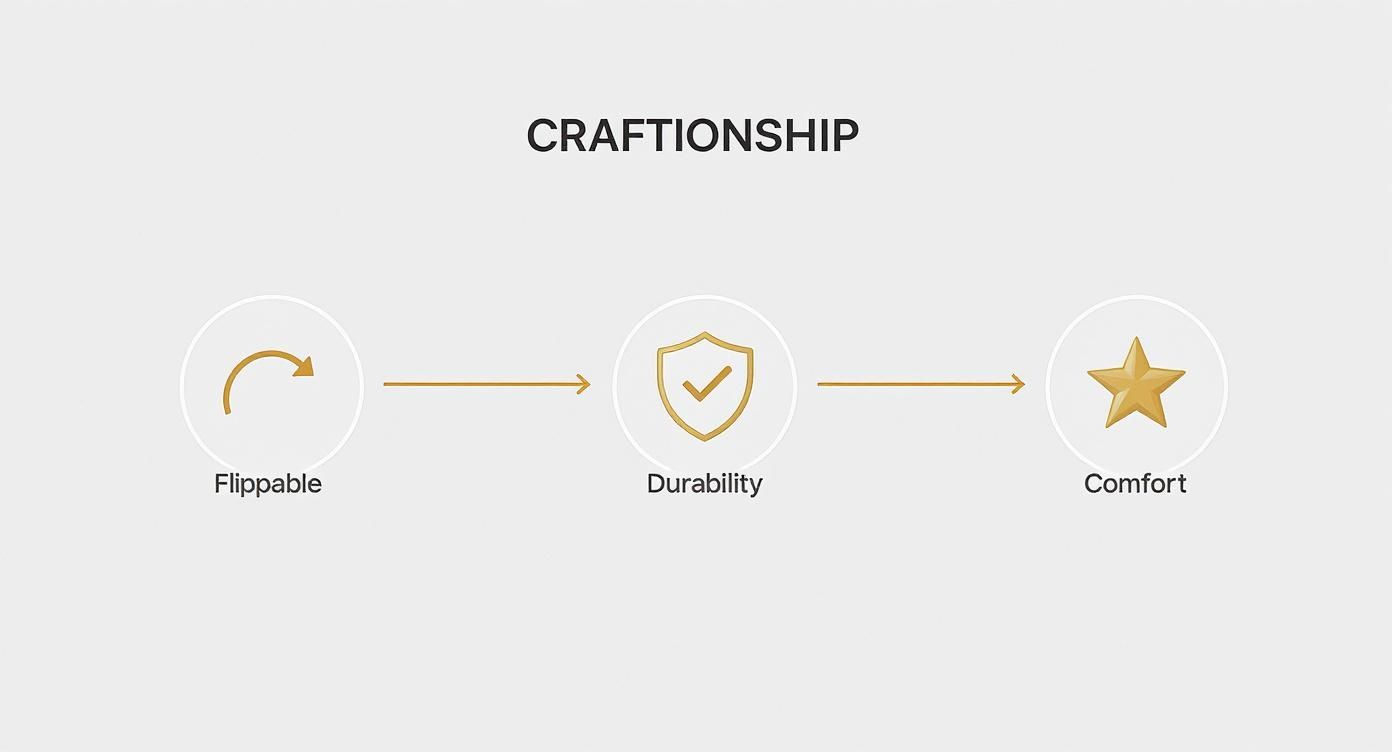 Infographic showing how flippable design, durability, and comfort are key components of mattress craftsmanship.
