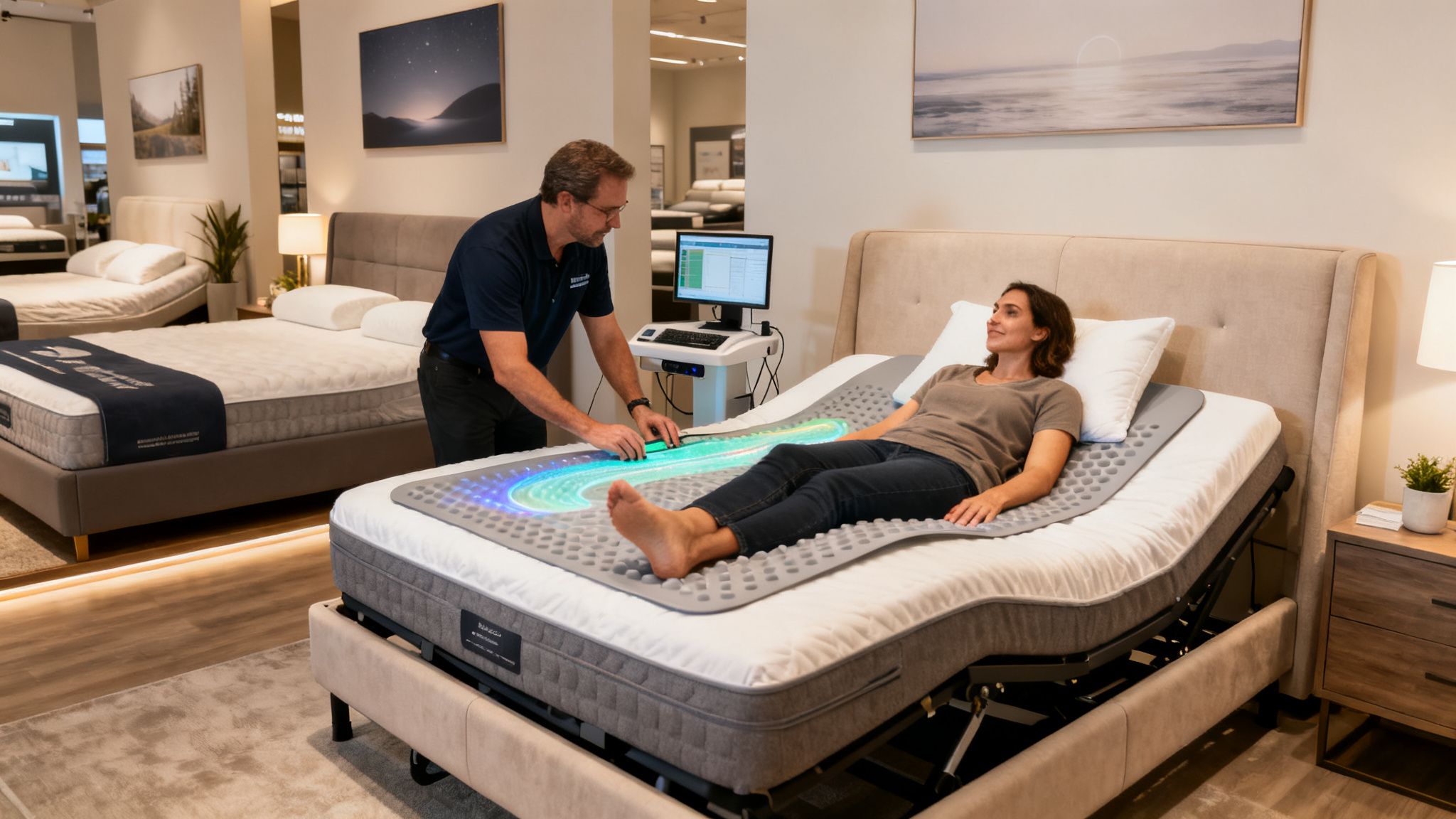 A man demonstrates a glowing sleep assessment device on an adjustable bed to a woman in a showroom.