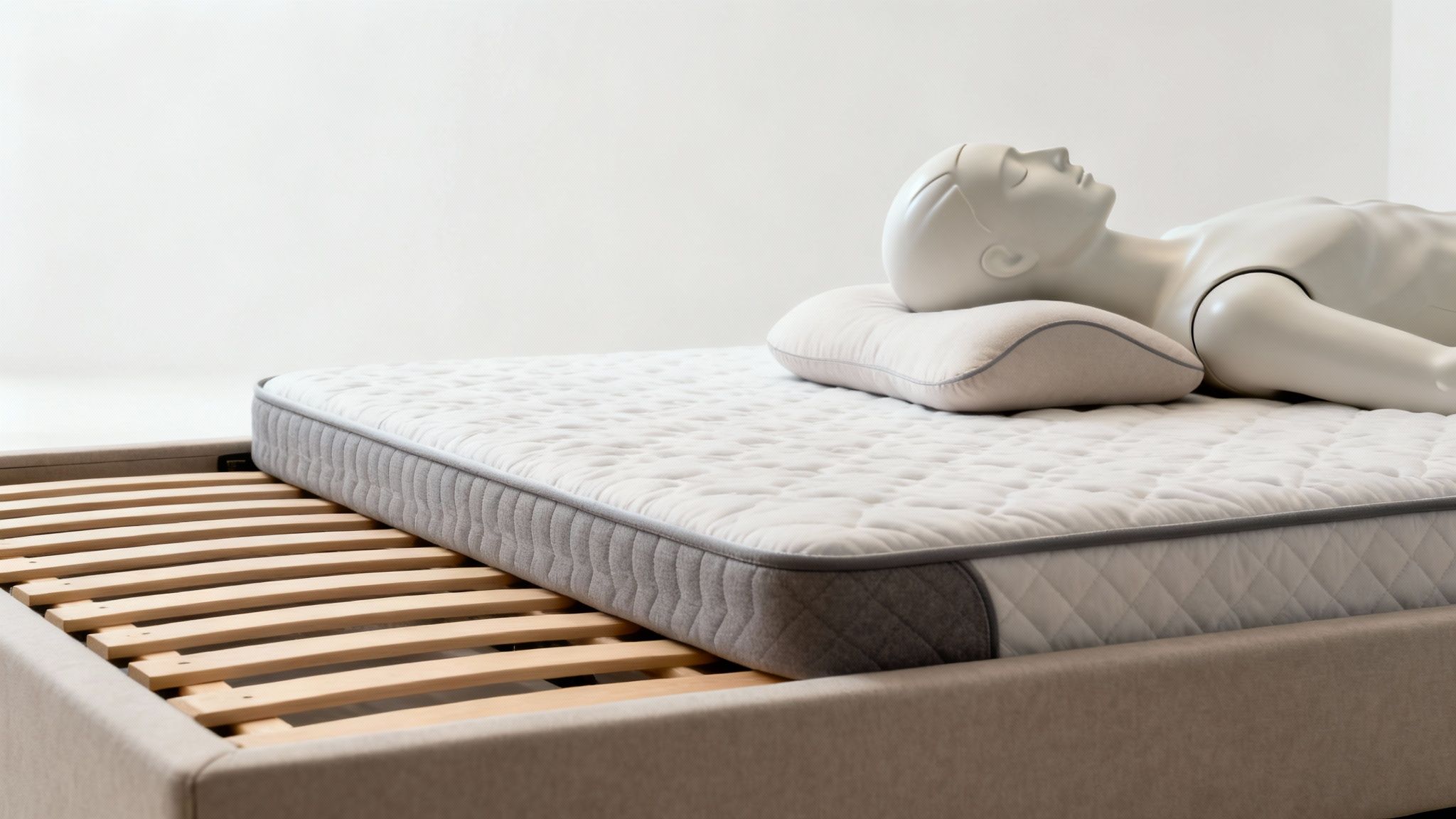 A white mannequin lies on a new white mattress with a pillow, on a wooden slat bed frame.