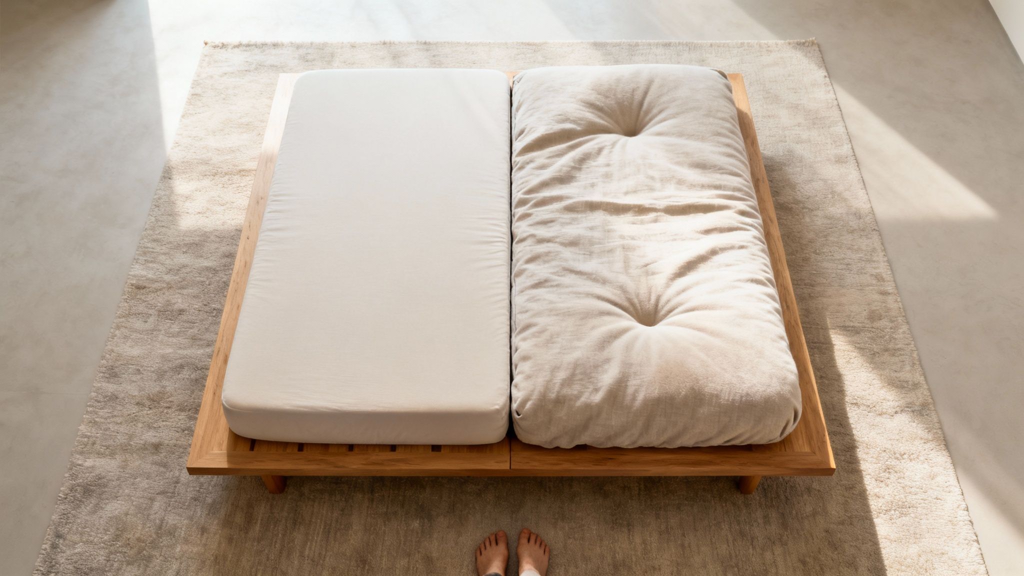 Overhead view comparing two mattresses on a wooden bed frame, one firm and one plush.
