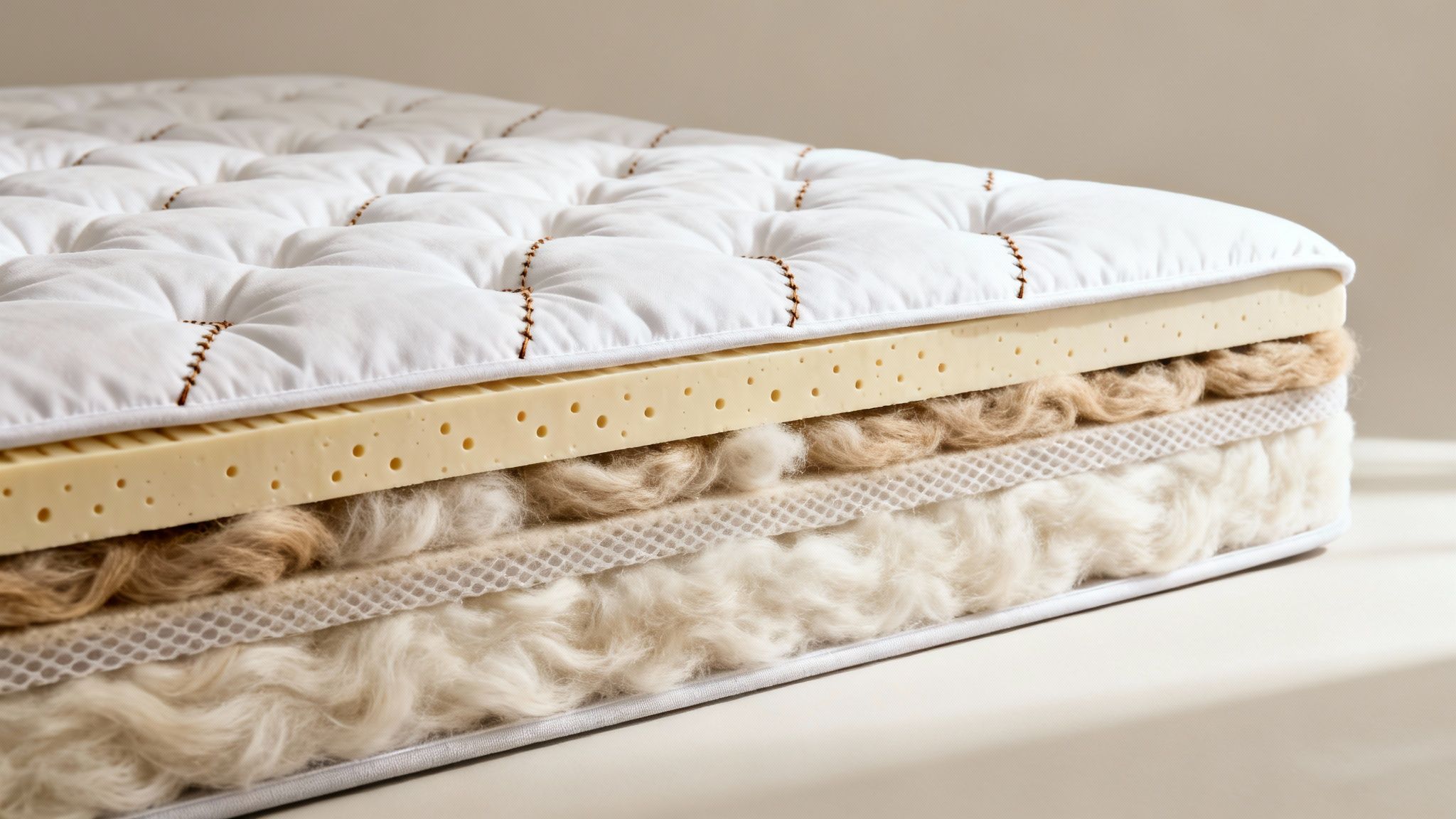 Cross-section of a luxurious mattress revealing layers of natural materials, including wool, fiber, and perforated latex.