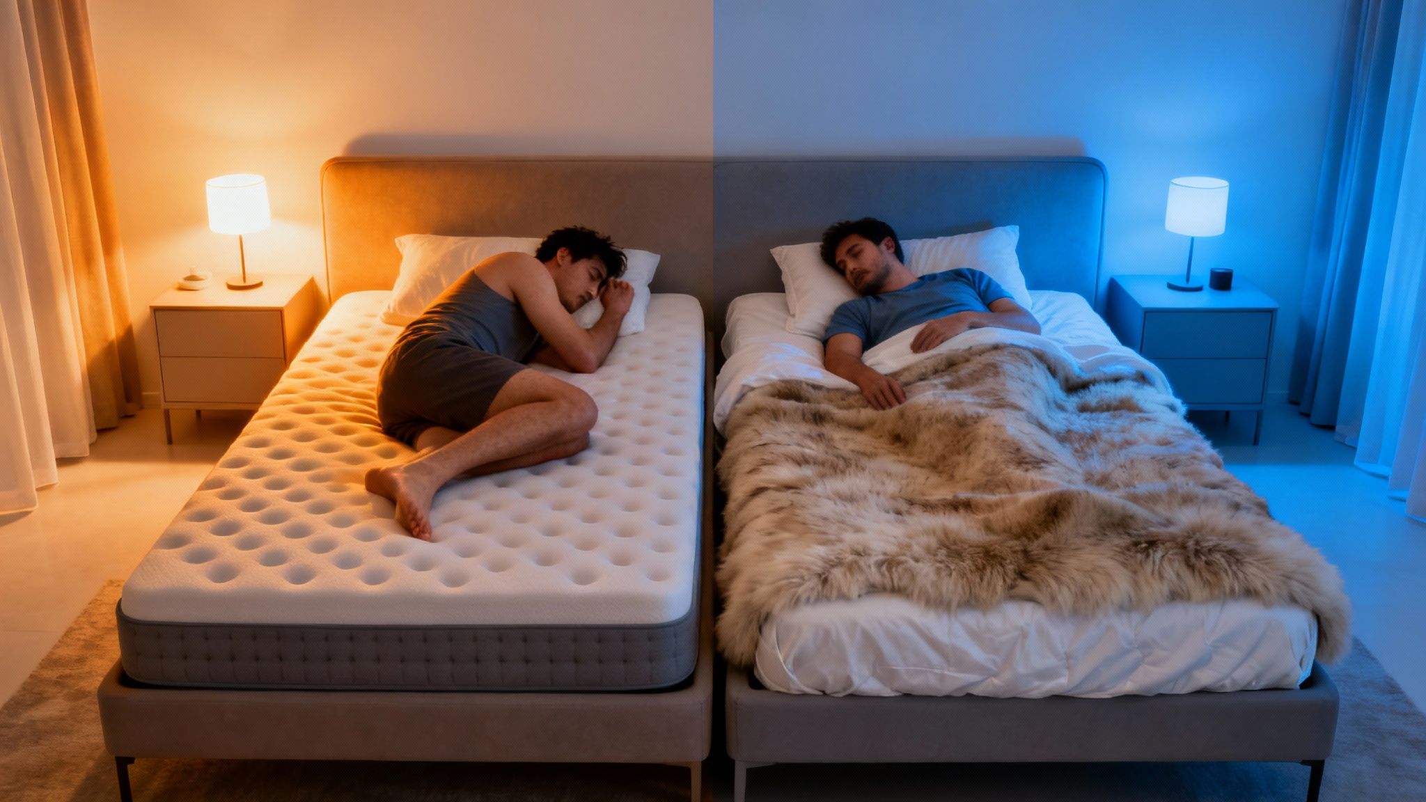 Two men sleeping in beds, one under warm orange light, the other under cool blue light.