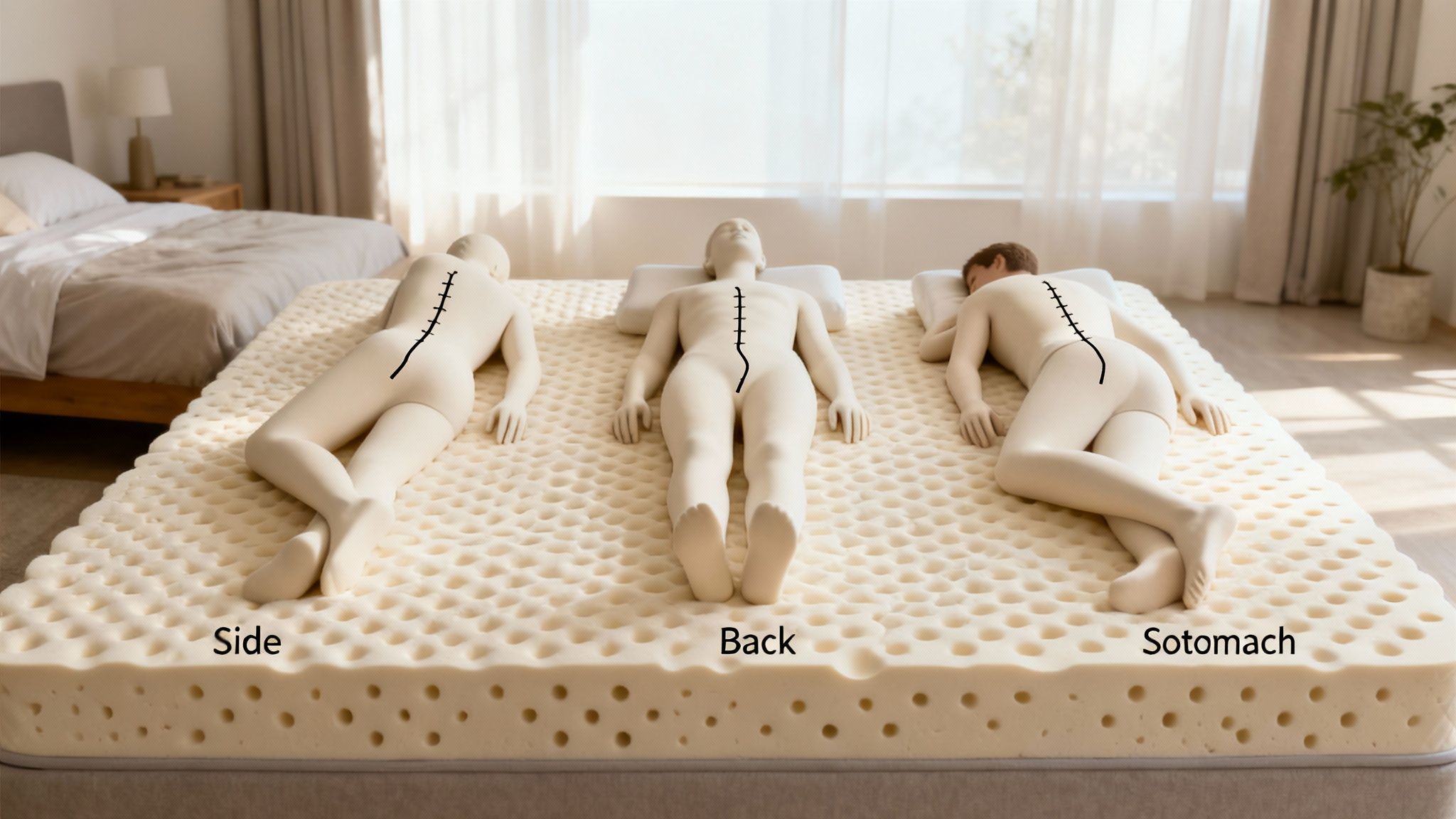 A woman smiles while lying comfortably on a luxurious organic latex mattress in a sunlit bedroom.