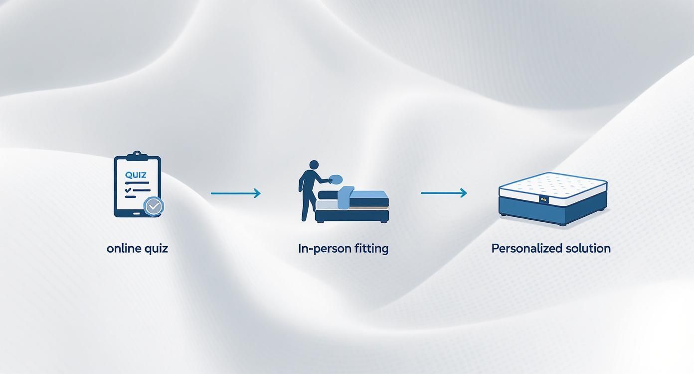 Three-step mattress selection process showing online quiz, in-person fitting, and personalized mattress solution