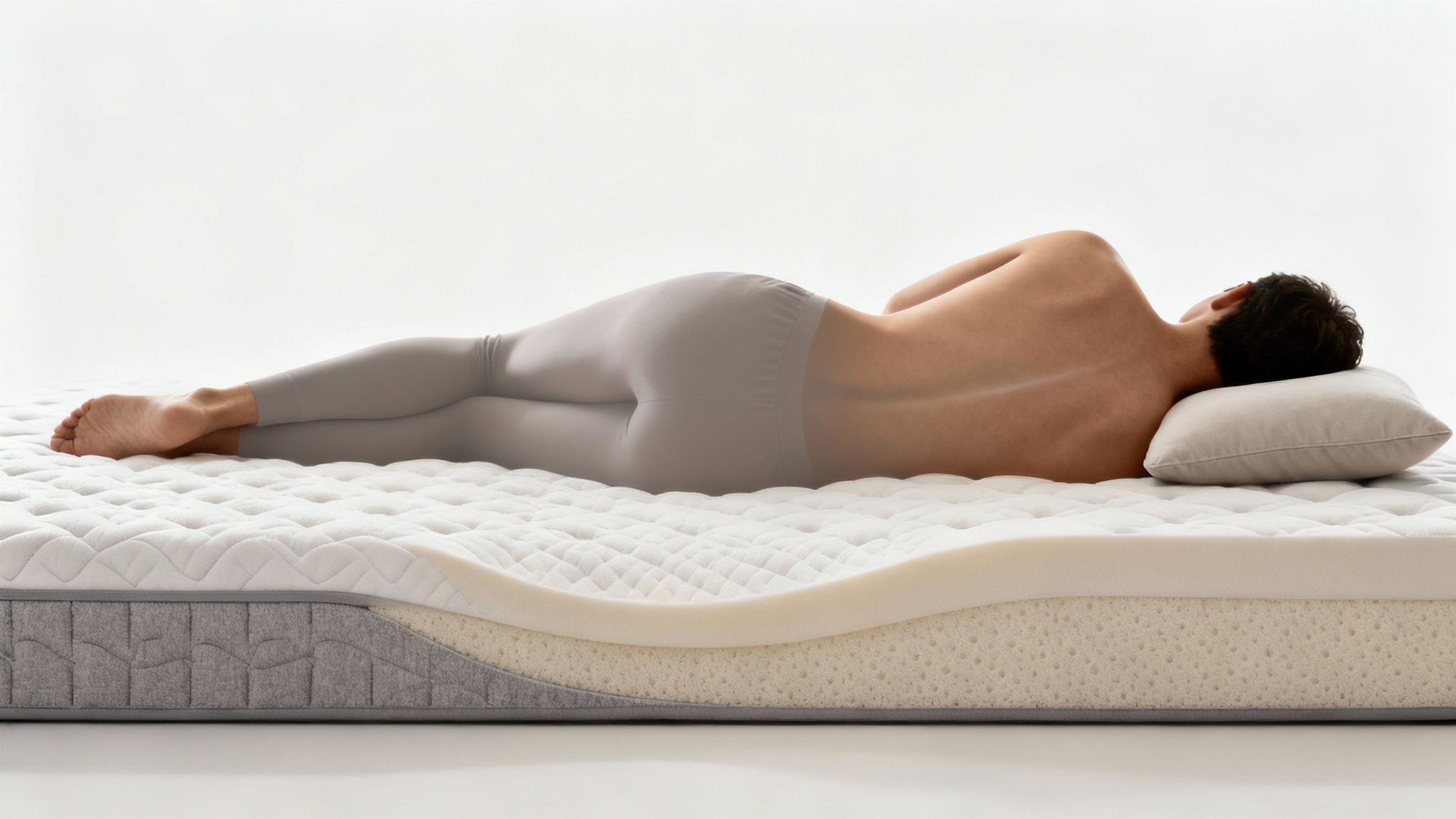 Side sleeper on a multi-layered mattress, demonstrating support and firmness.