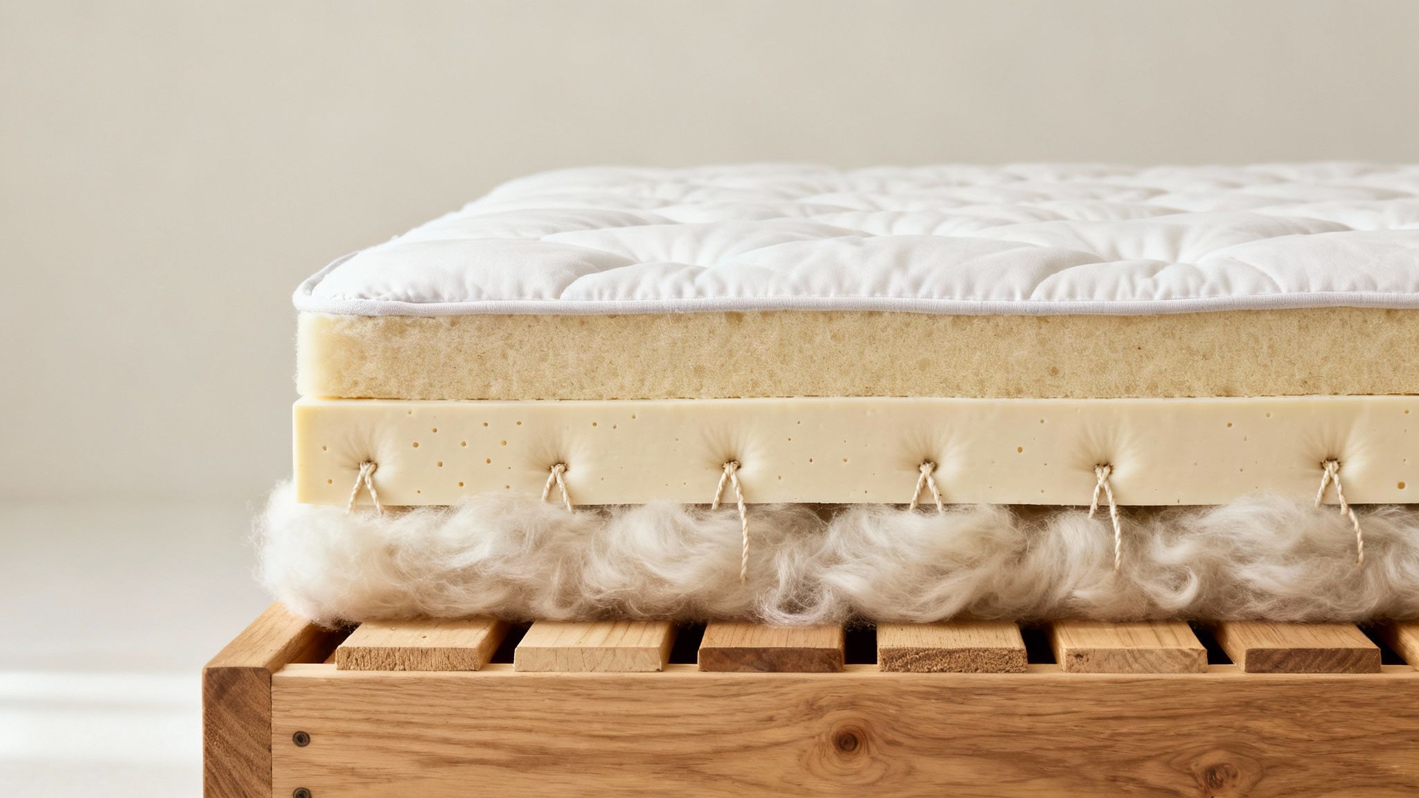 Detailed cross-section of a mattress showing quilted top, foam, latex, wool, and wooden slats.