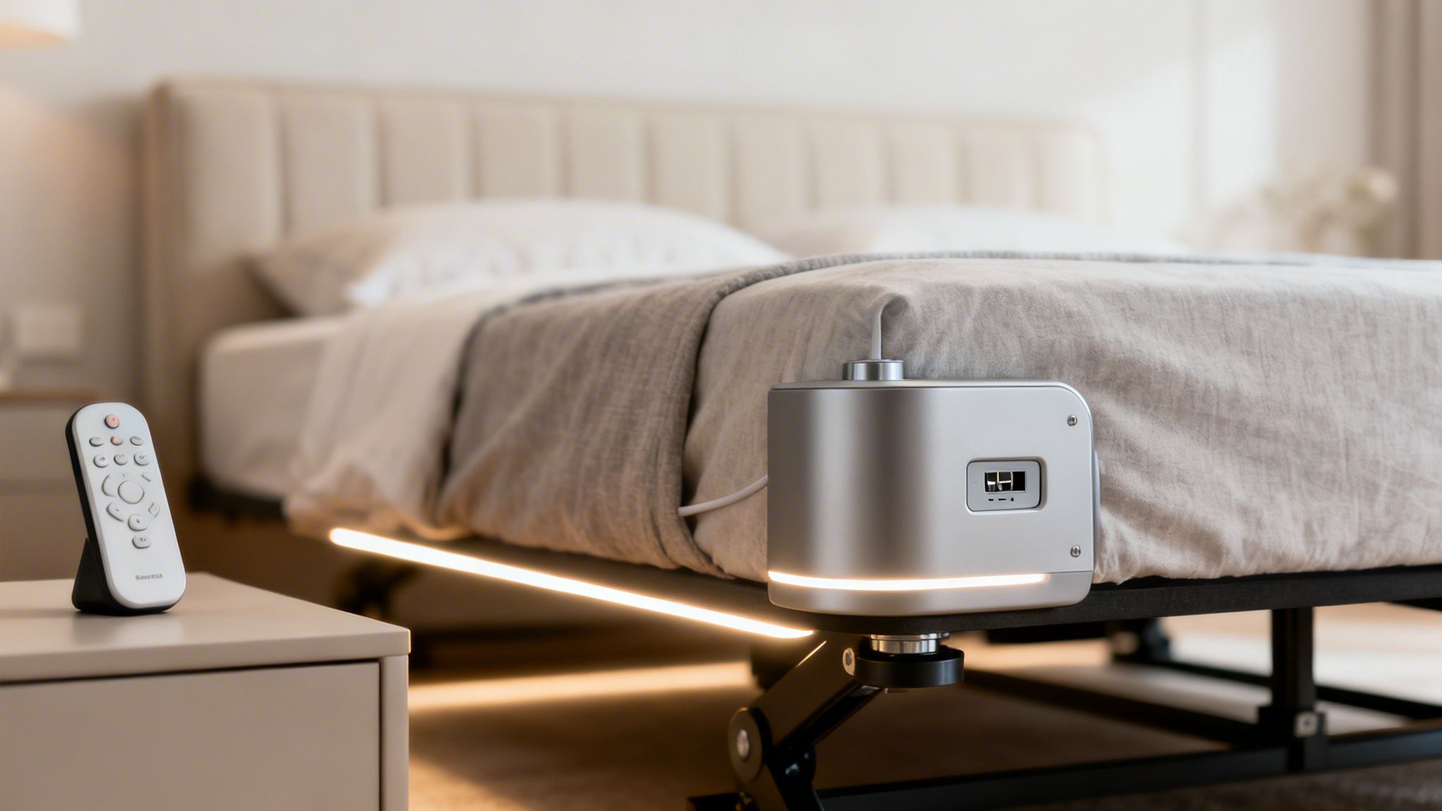 Adjustable bed frame with a modern smart device providing under-bed lighting, and a remote control on a nightstand.