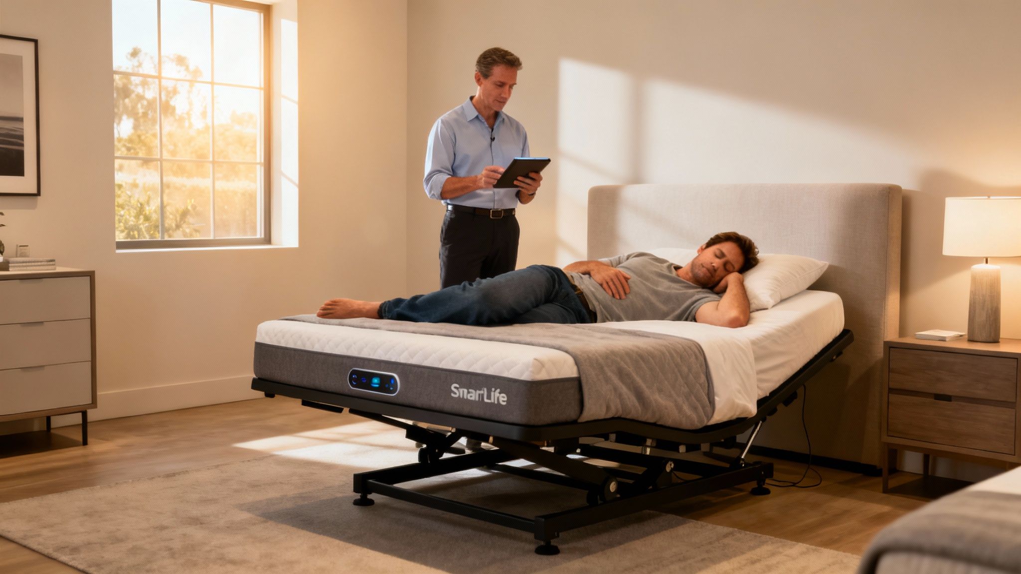 Man sleeping on SmartLife adjustable smart bed while salesperson monitors tablet in modern bedroom
