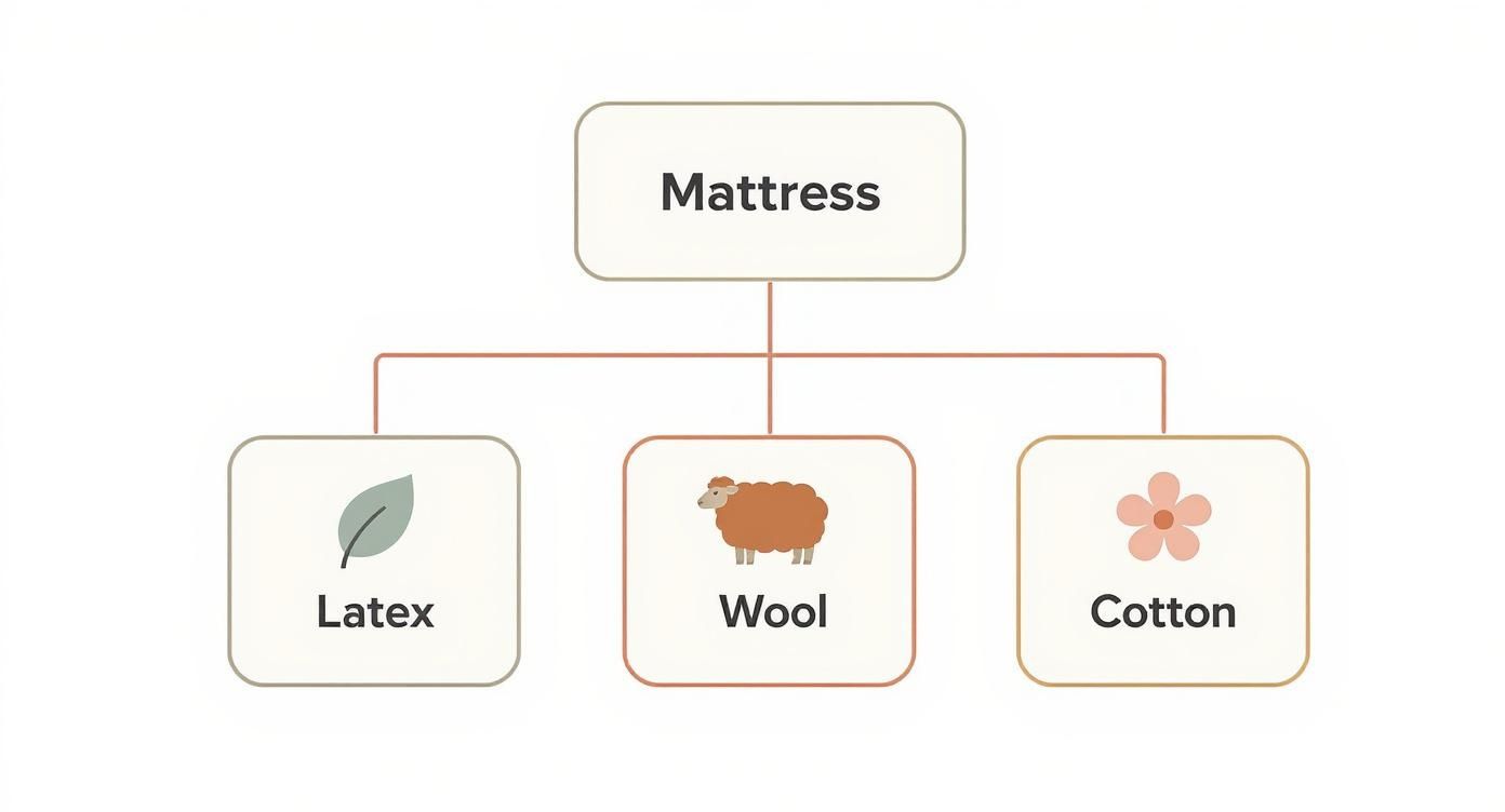 A diagram illustrating mattress material options, including Latex with a leaf icon, Wool with a sheep icon, and Cotton with a flower icon.