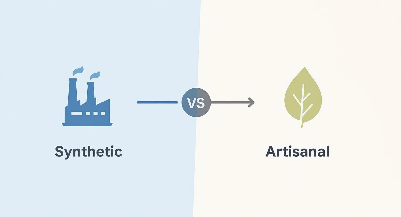 Infographic decision tree comparing mass-produced, synthetic mattresses to artisanal, natural ones.