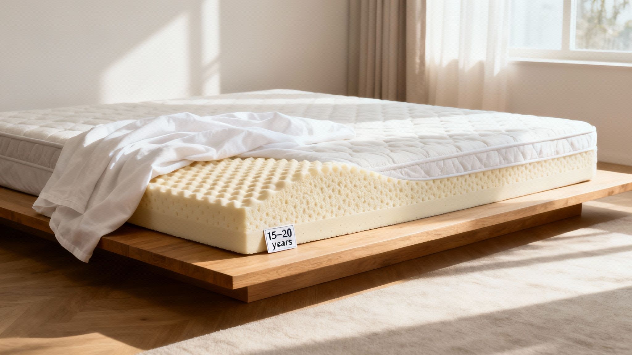 Cut-open latex mattress on a wooden bed frame, revealing foam layers and a '15-20 years' tag.