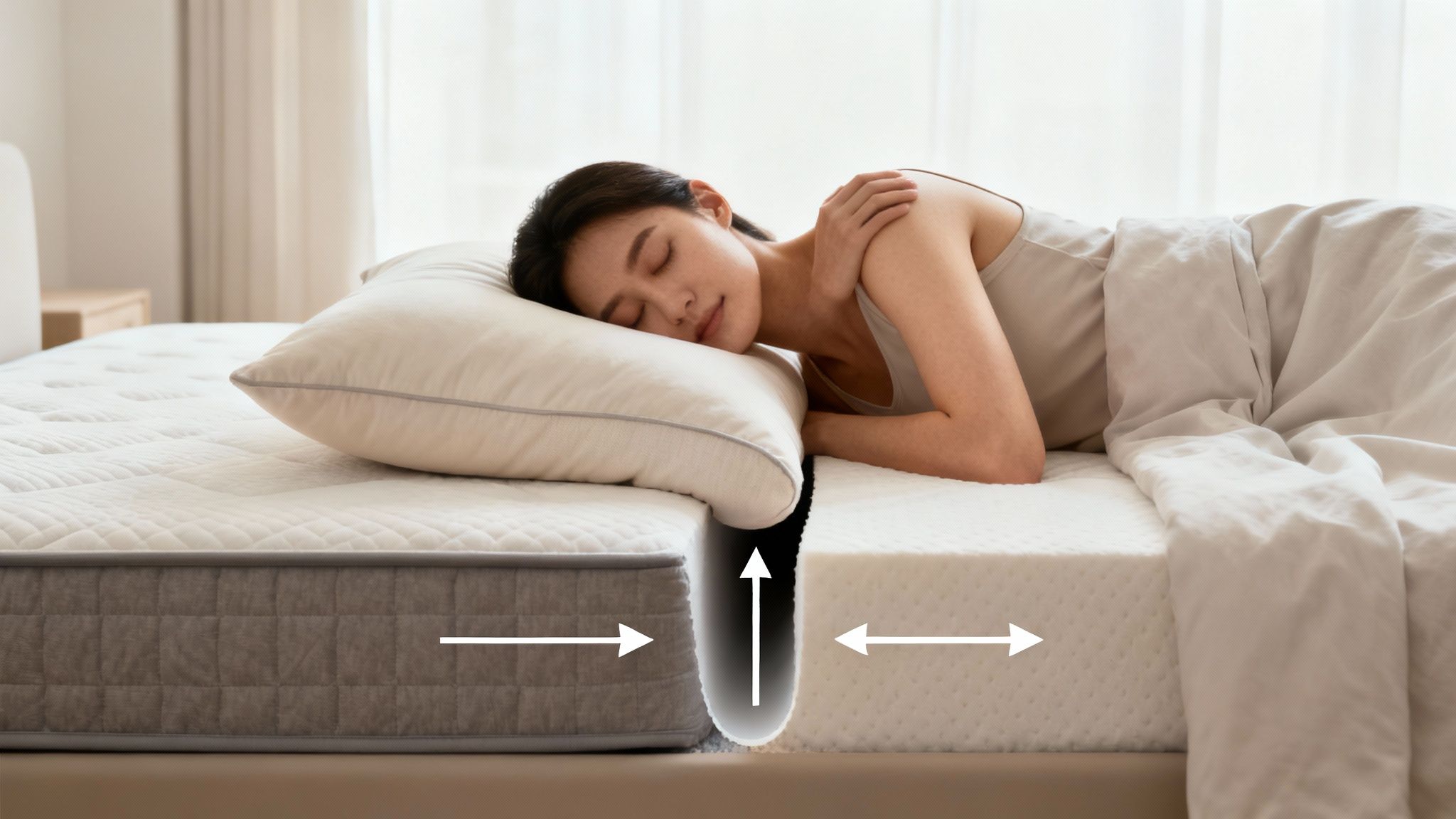 A woman sleeps soundly on her side with a pillow, illustrating mattress support technology.