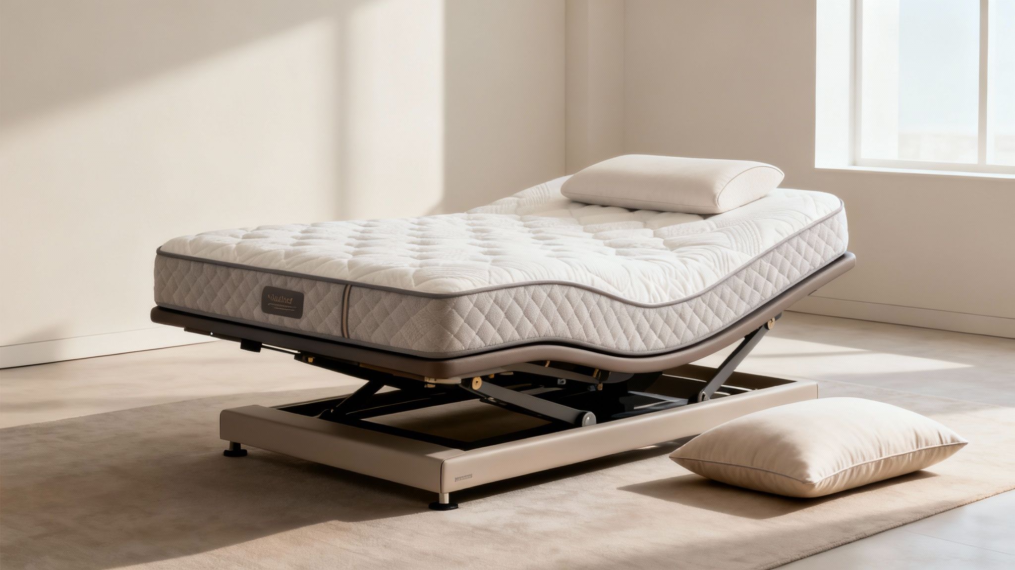 A luxurious white quilted mattress on a modern adjustable bed frame with a pillow, in a bright room.