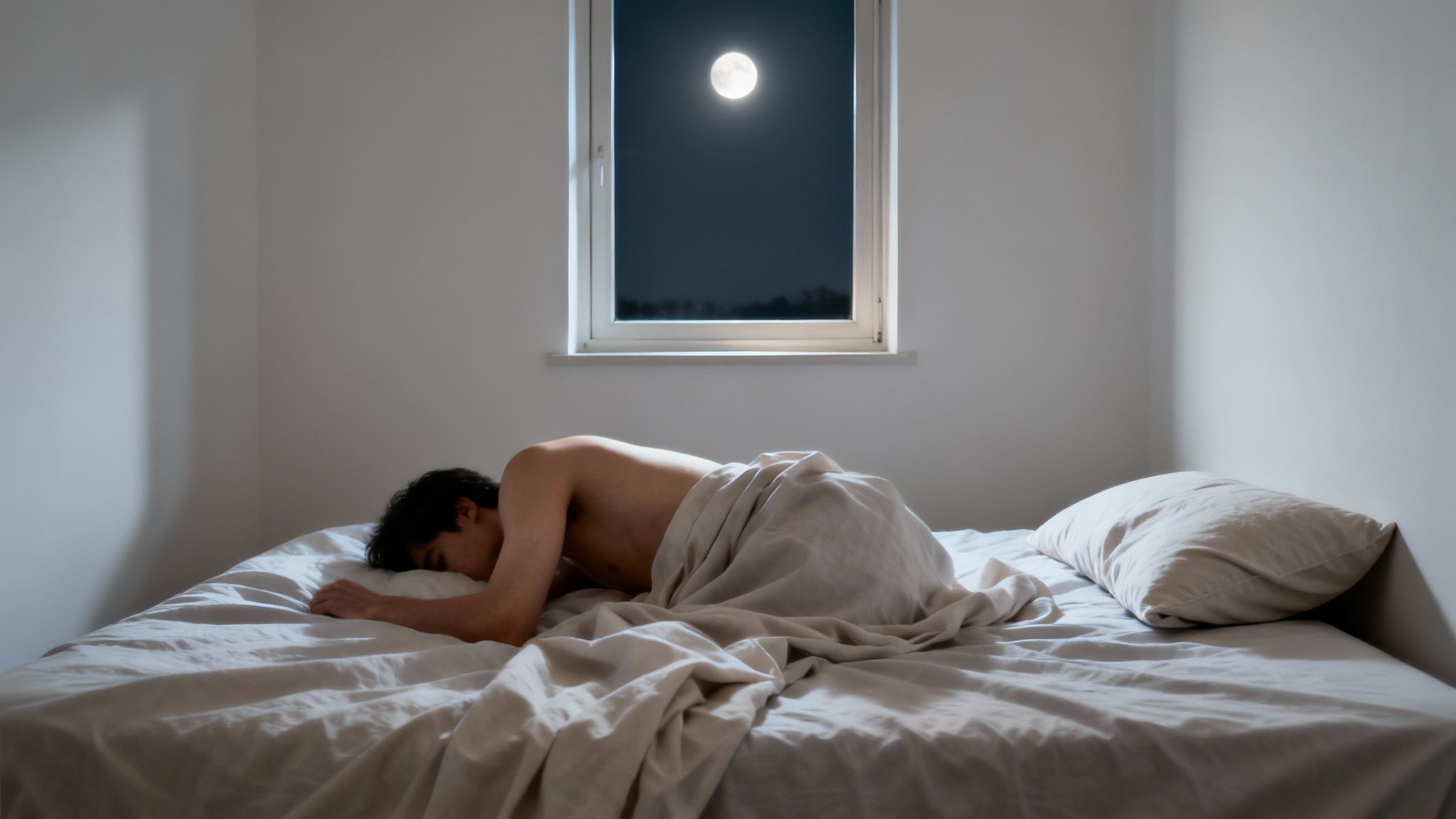 Man sleeping peacefully in bed at night, moonlight streaming through the window.