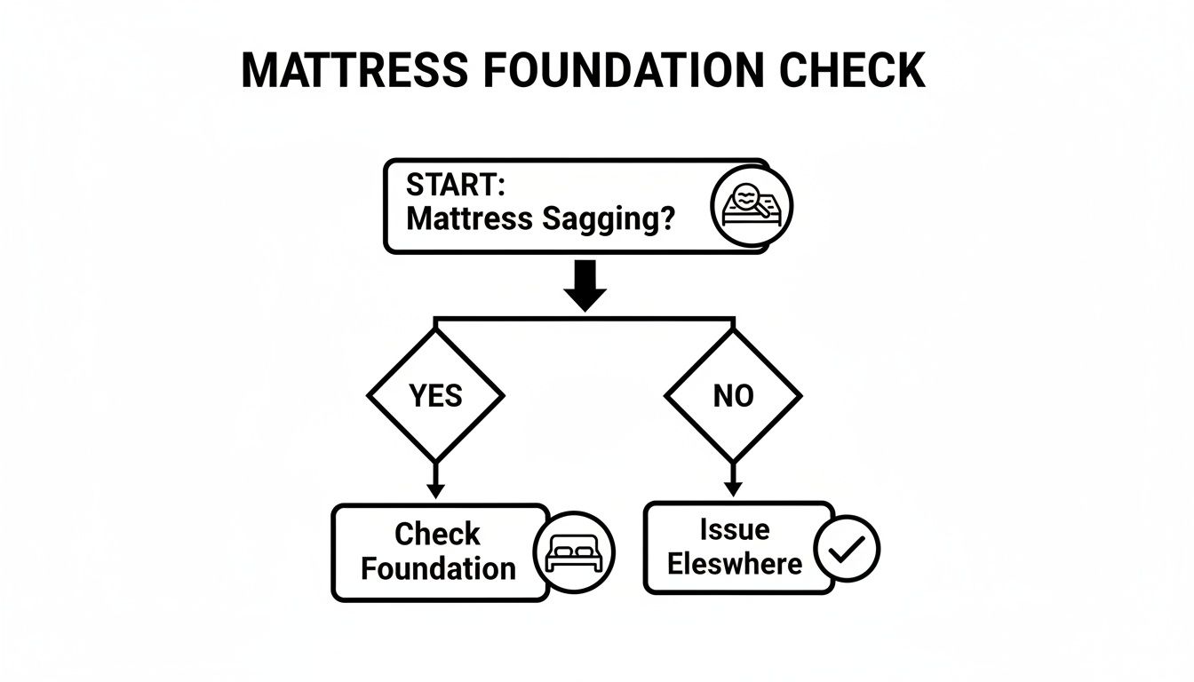 Flowchart diagnosing mattress sagging, guiding users to check the foundation or other potential issues.