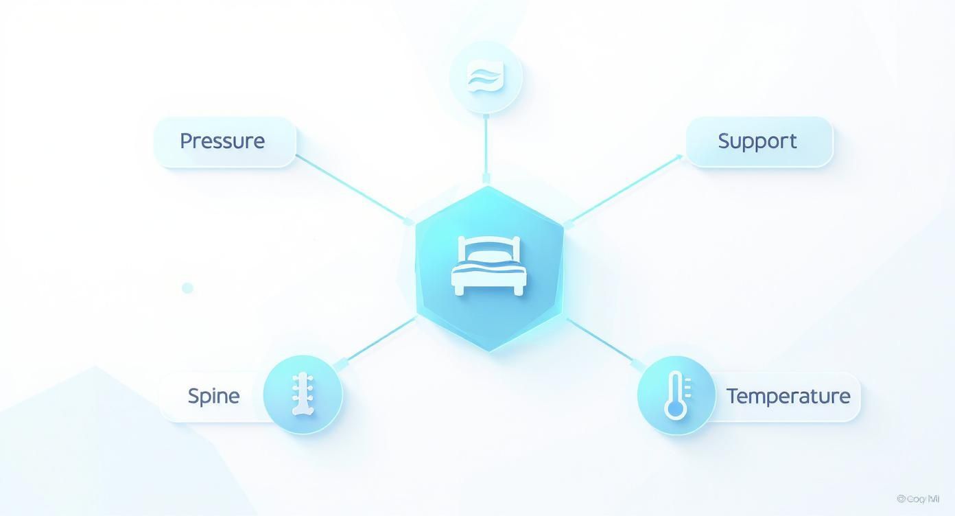 Diagram showing smart bed features including pressure support spine alignment and temperature control