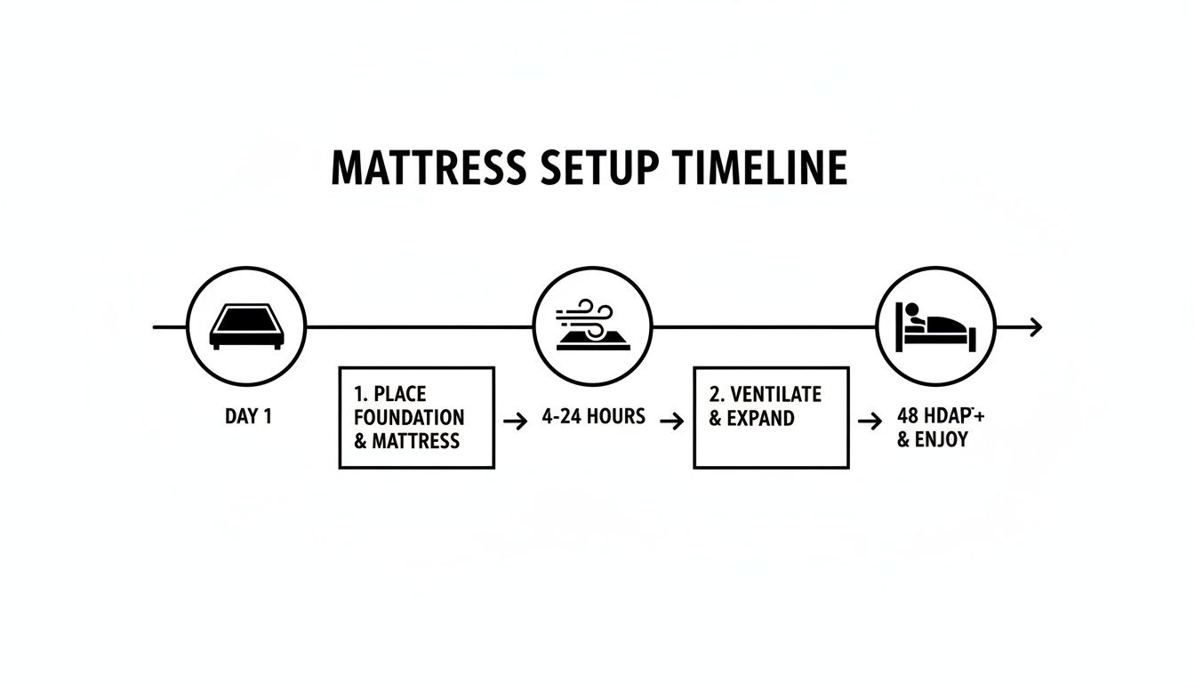 Timeline showing mattress setup: Day 1 place foundation, ventilate for 4-24 hours, then enjoy after 48 hours.