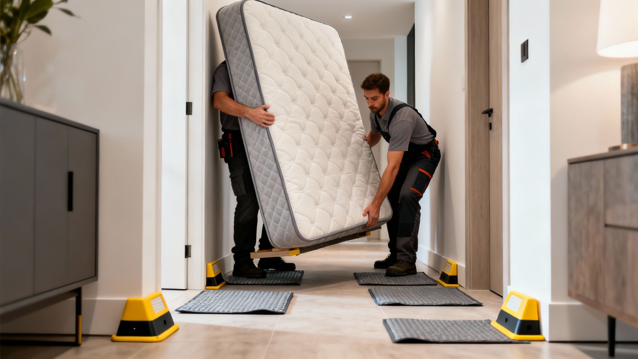 Two professional movers carefully transport a large mattress down a narrow hallway, using moving equipment.