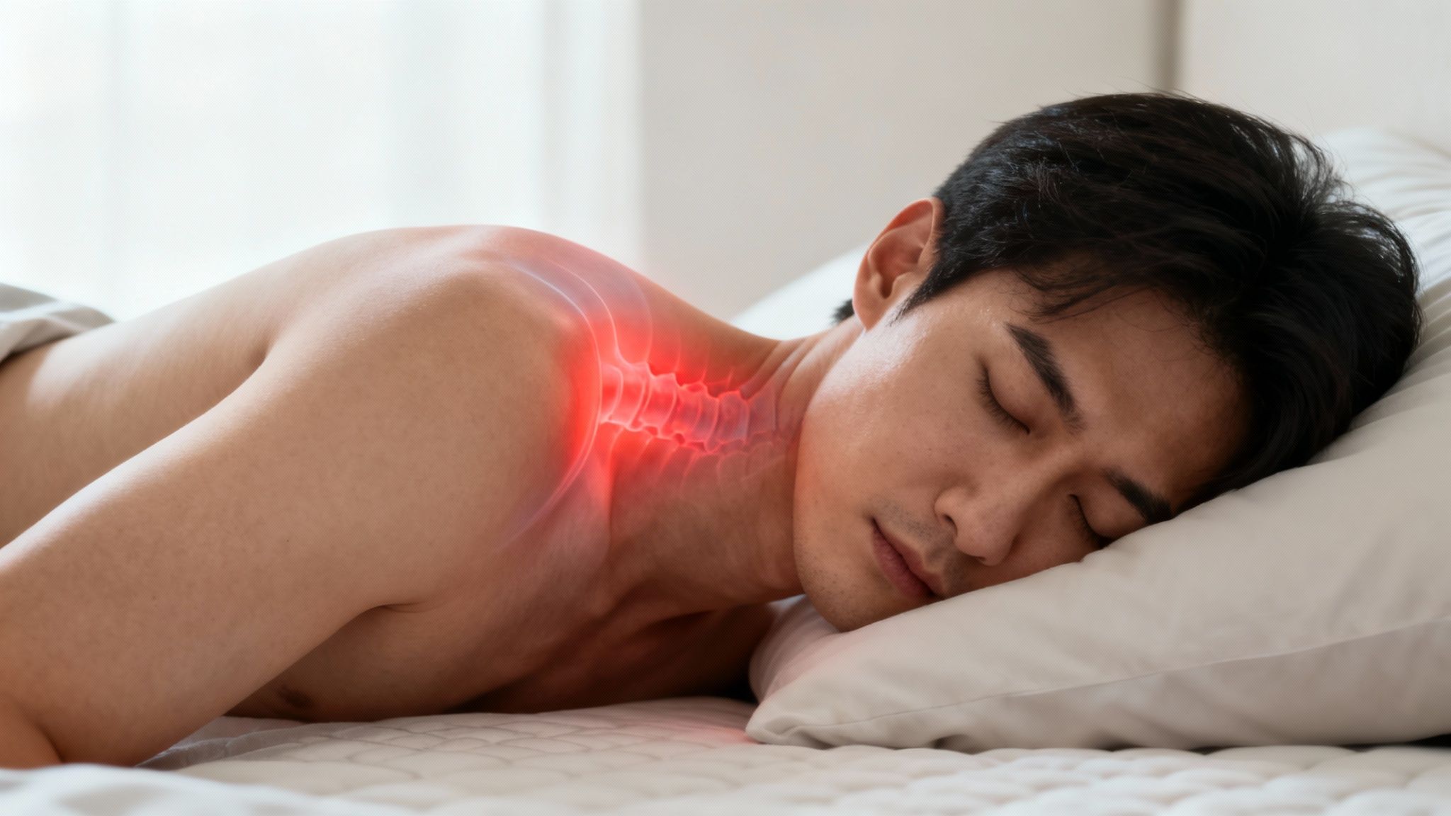 Asian man sleeping on side, experiencing red glowing pain in neck and shoulder.