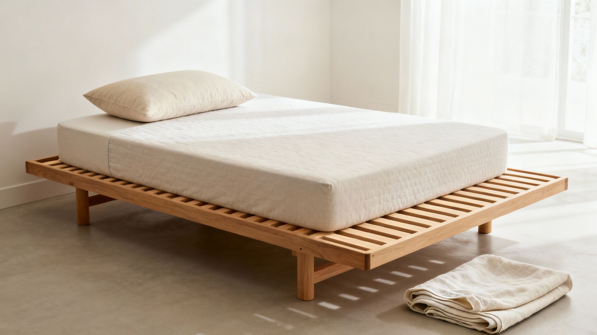 A minimalist bedroom with a natural wood slatted bed frame, mattress, pillow, and folded blanket.