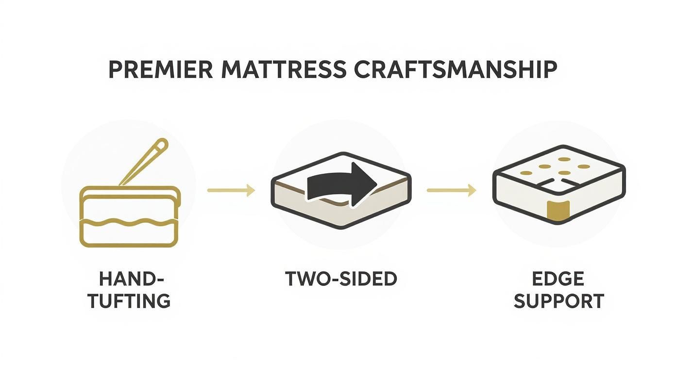 Premium mattress craftsmanship process showing hand-tufting, two-sided construction, and edge support features