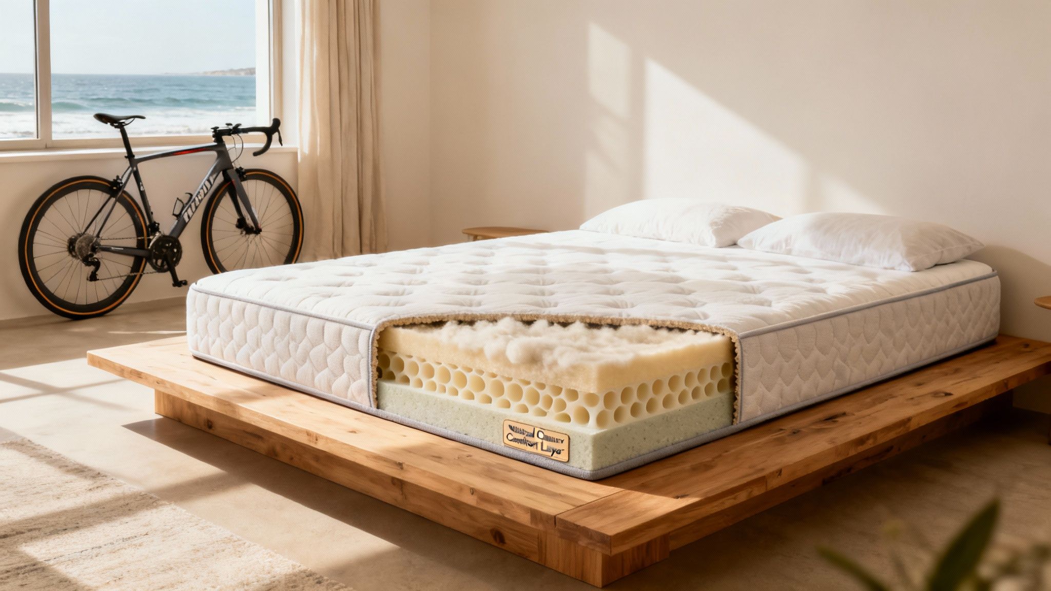 Cutaway view of an eco-friendly mattress on a wooden bed in a bright bedroom overlooking the ocean.