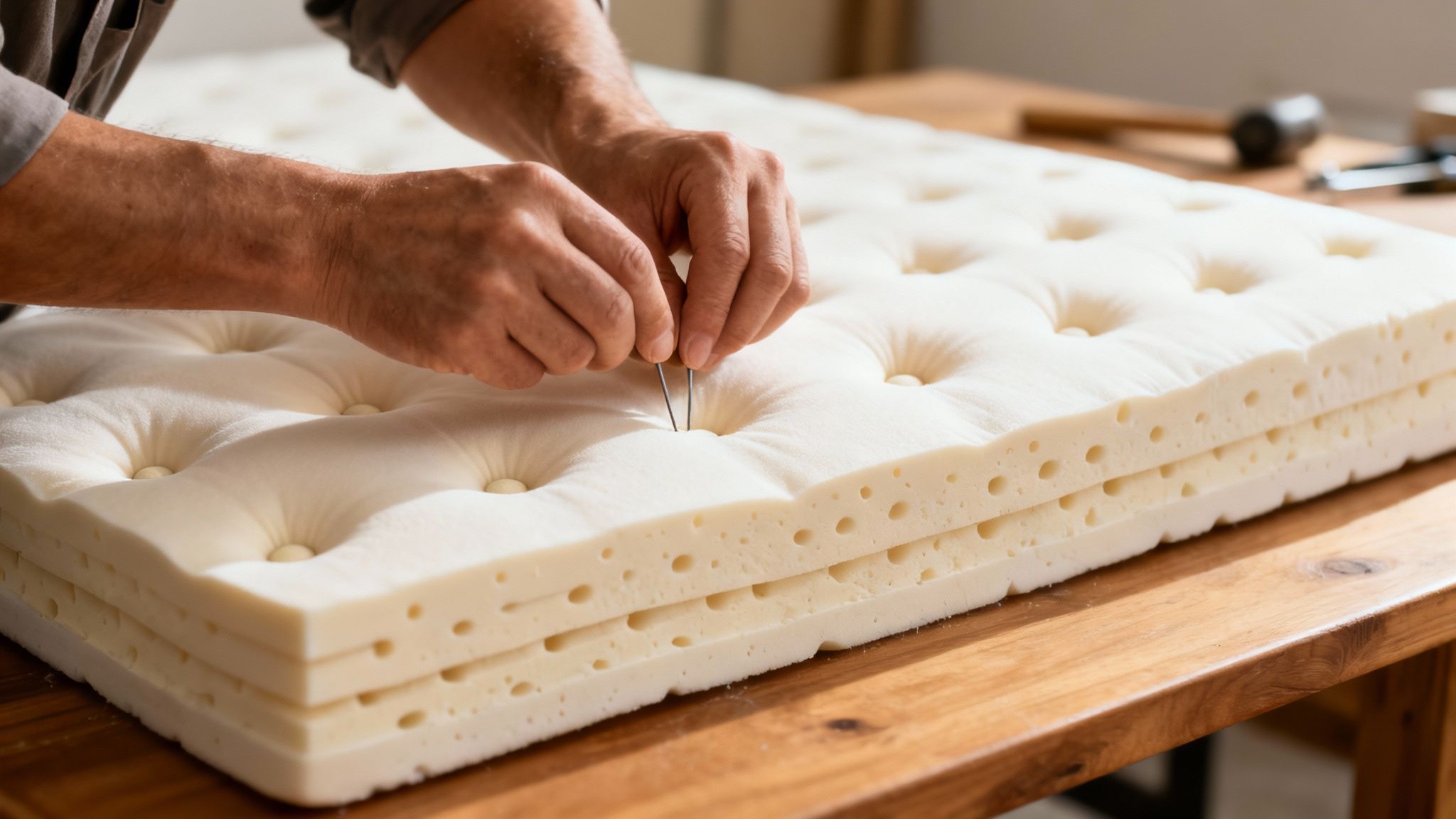 Close-up of hands tufting a natural latex mattress with a needle, showcasing its porous layers.