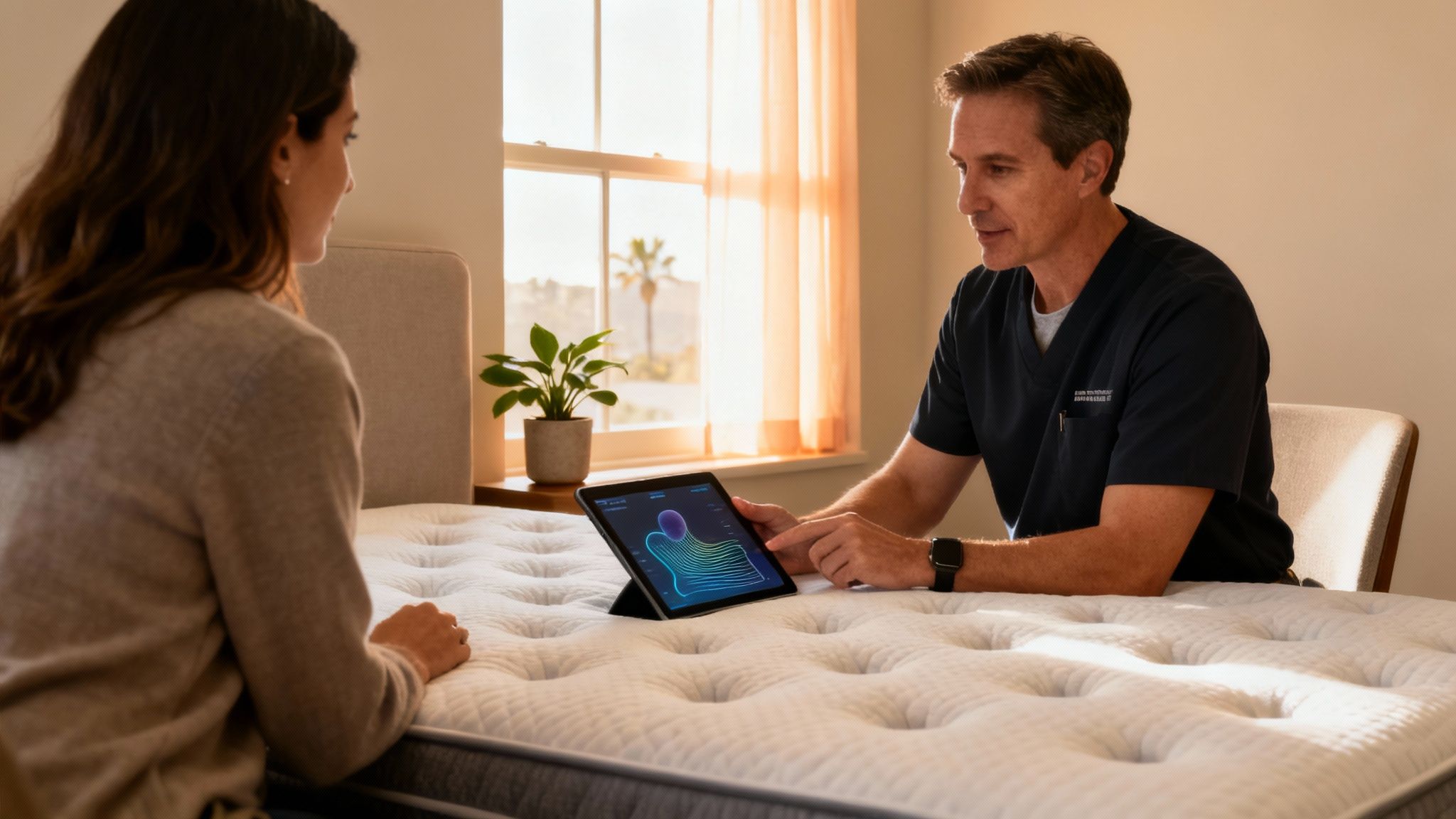 A man explains body support data on a tablet to a woman sitting on a new mattress.