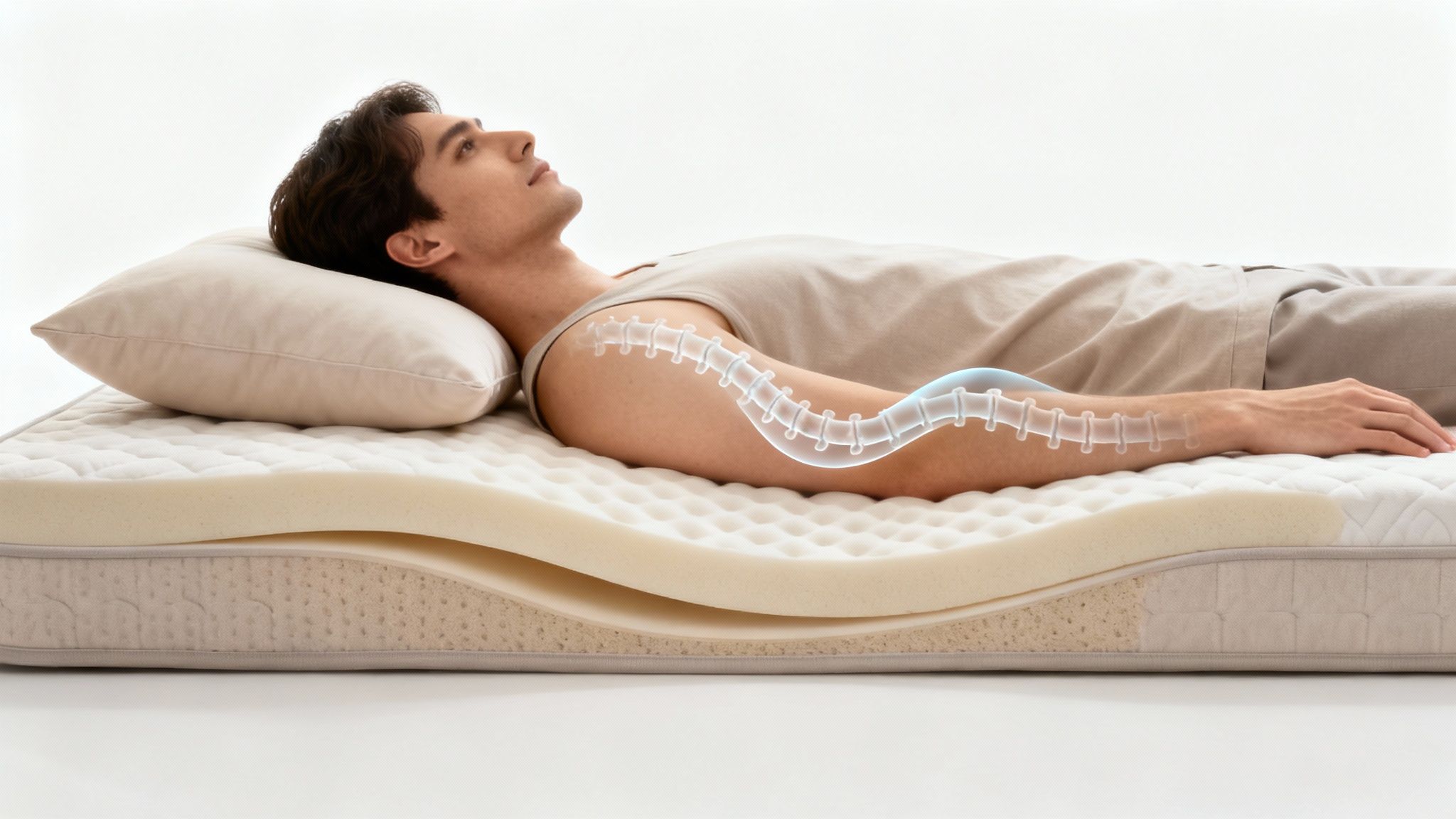 Woman sleeping comfortably with good posture on a luxury mattress.