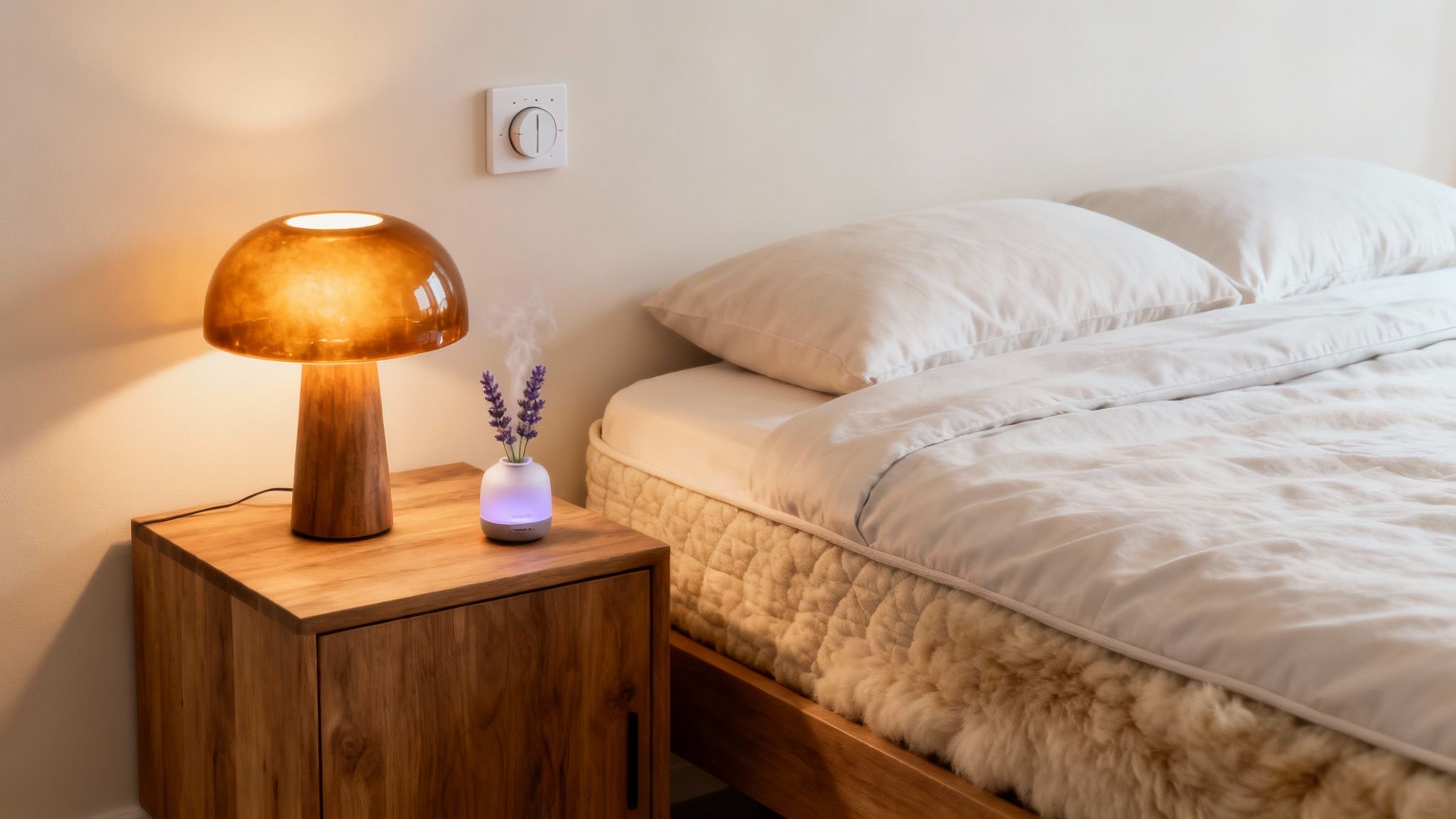 Cozy bedroom decor with a warm lamp, aromatic diffuser, and comfortable bed for restful sleep.
