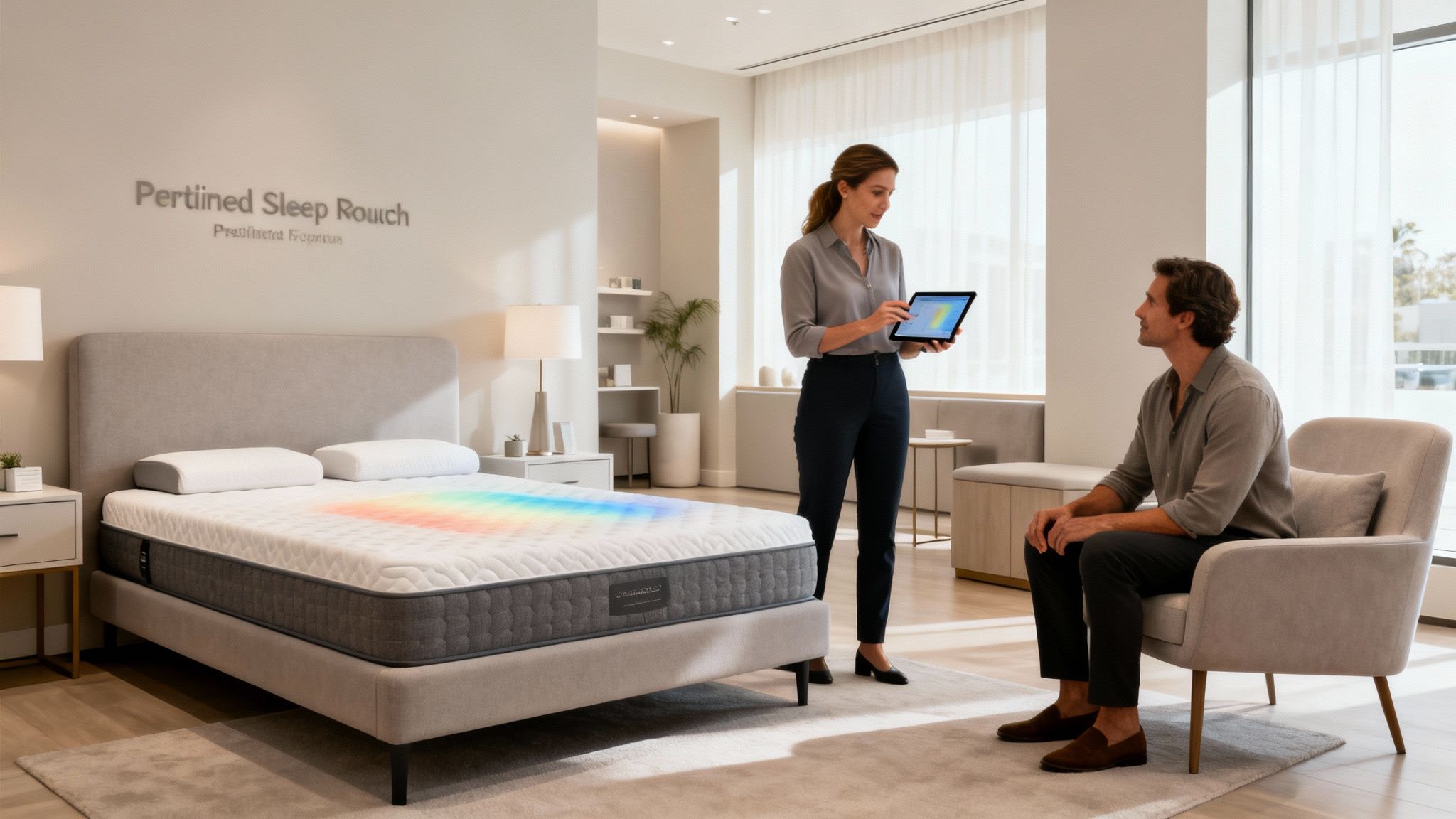 Woman shows man mattress data on a tablet, next to a bed with a colorful heat map pattern.