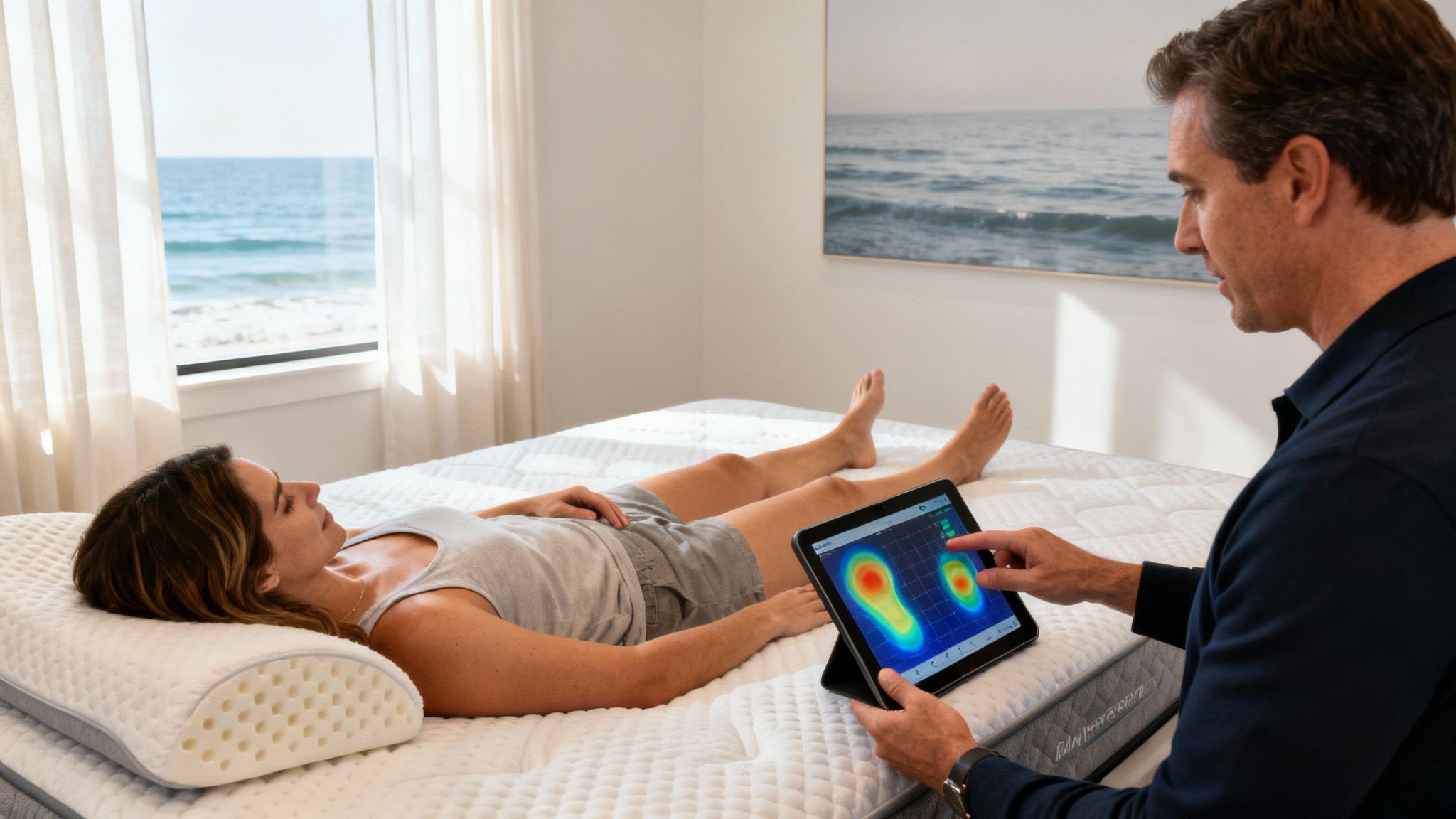 A man explains a pressure mapping tablet to a woman lying on a mattress.