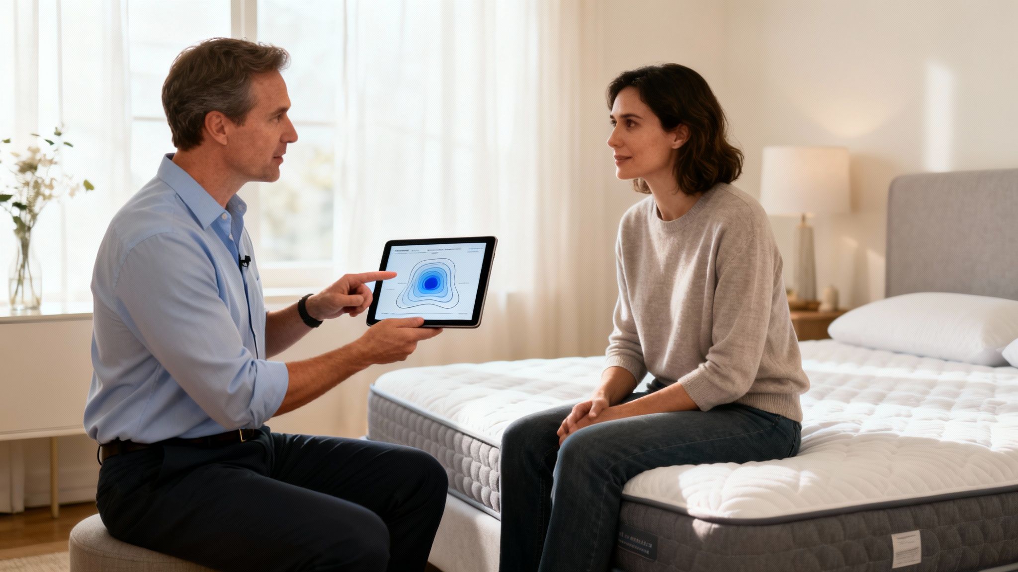 A man shows a woman a pressure map on a tablet during a mattress consultation in a bedroom.