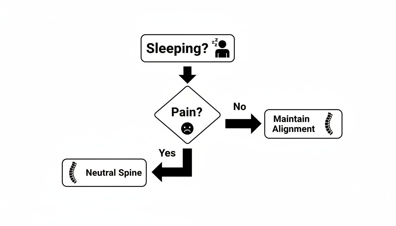 Flowchart on sleeping posture: check for pain, then maintain alignment or achieve a neutral spine.